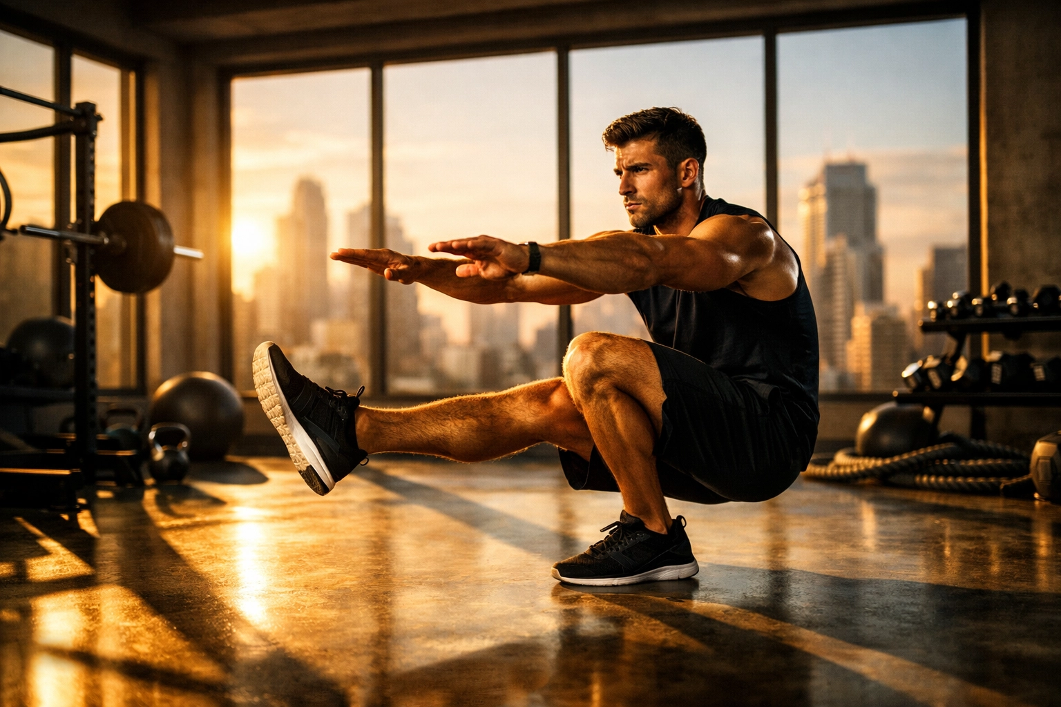 Advanced single-leg pistol squat demonstrating progressive overload in home training