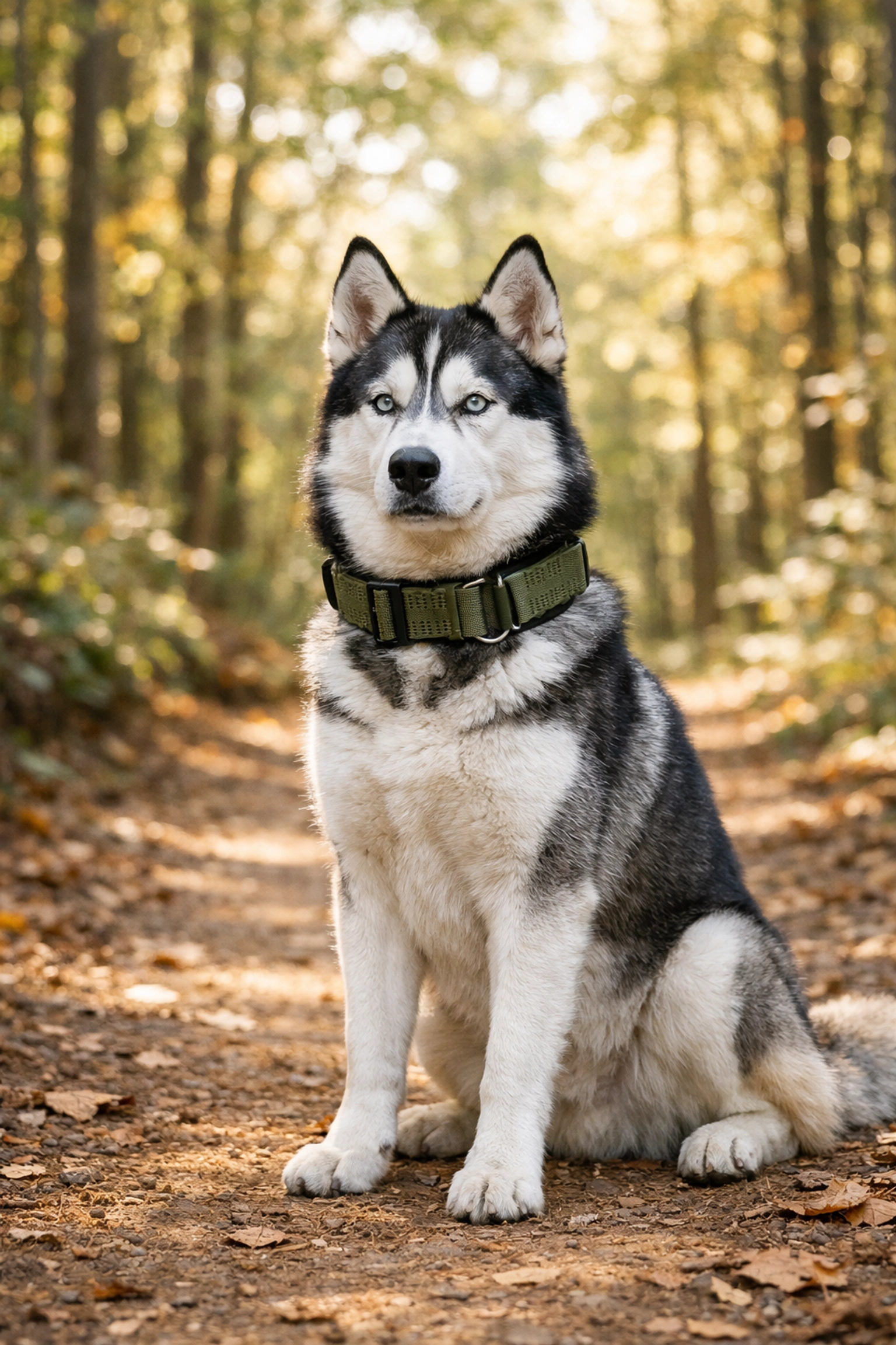 Siberian Husky in a green tactical dog collar sitting on a forest trail, ready for an outdoor adventure.
