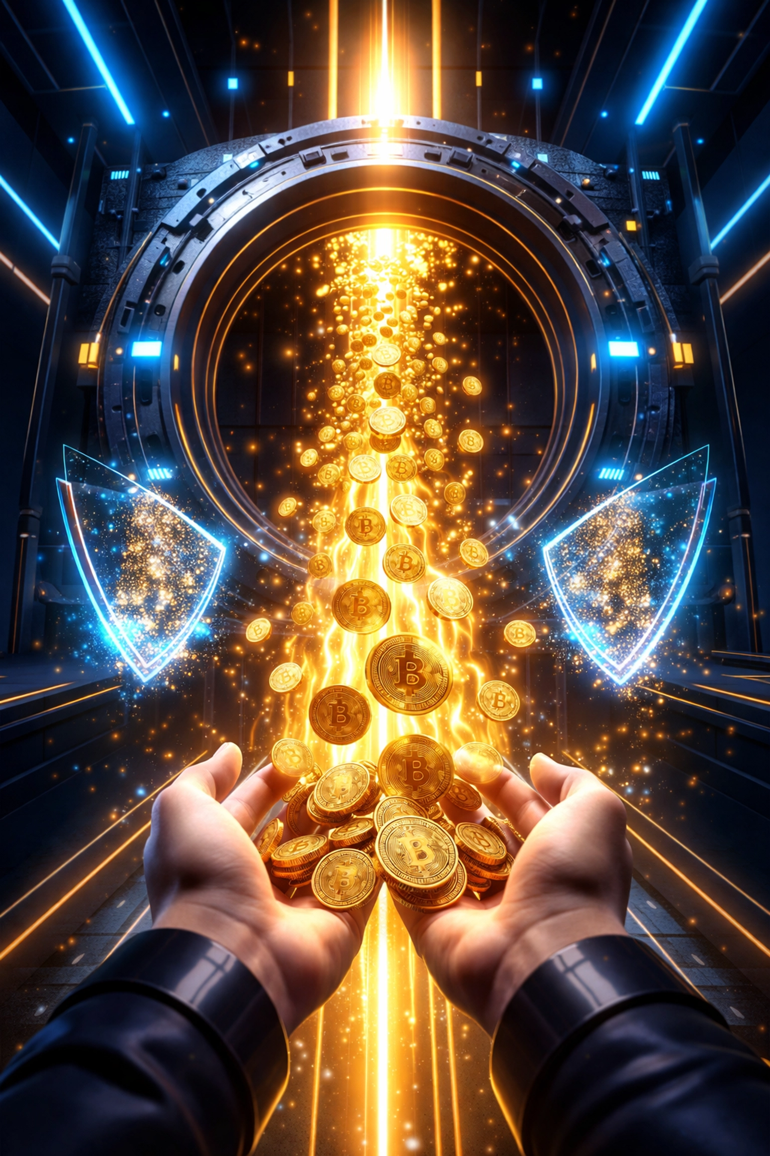 Cryptocurrency flowing directly into merchant's hands representing Larecoin's full self-custody payment model