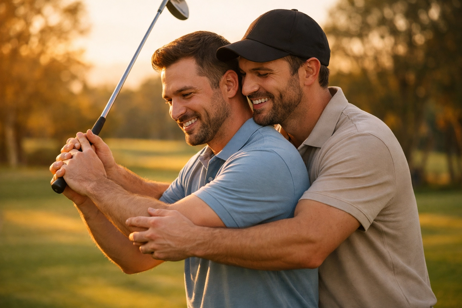 Two gay men sharing an intimate golf lesson on a sunny course