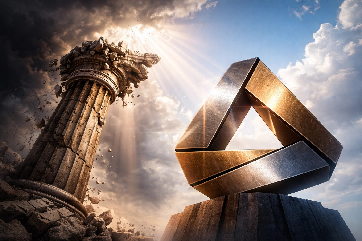 Symbolic comparison of the traditional 60/40 portfolio and a modern diversified strategy against a backdrop of changing market conditions.