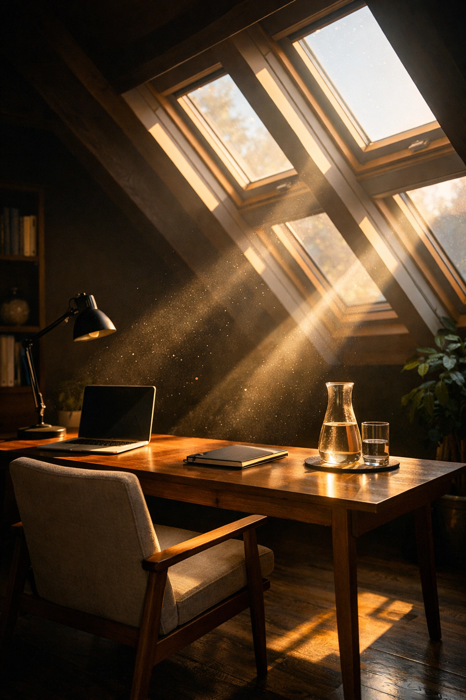 Bright loft conversion home office in Bognor Regis with natural light from slanted roof windows.