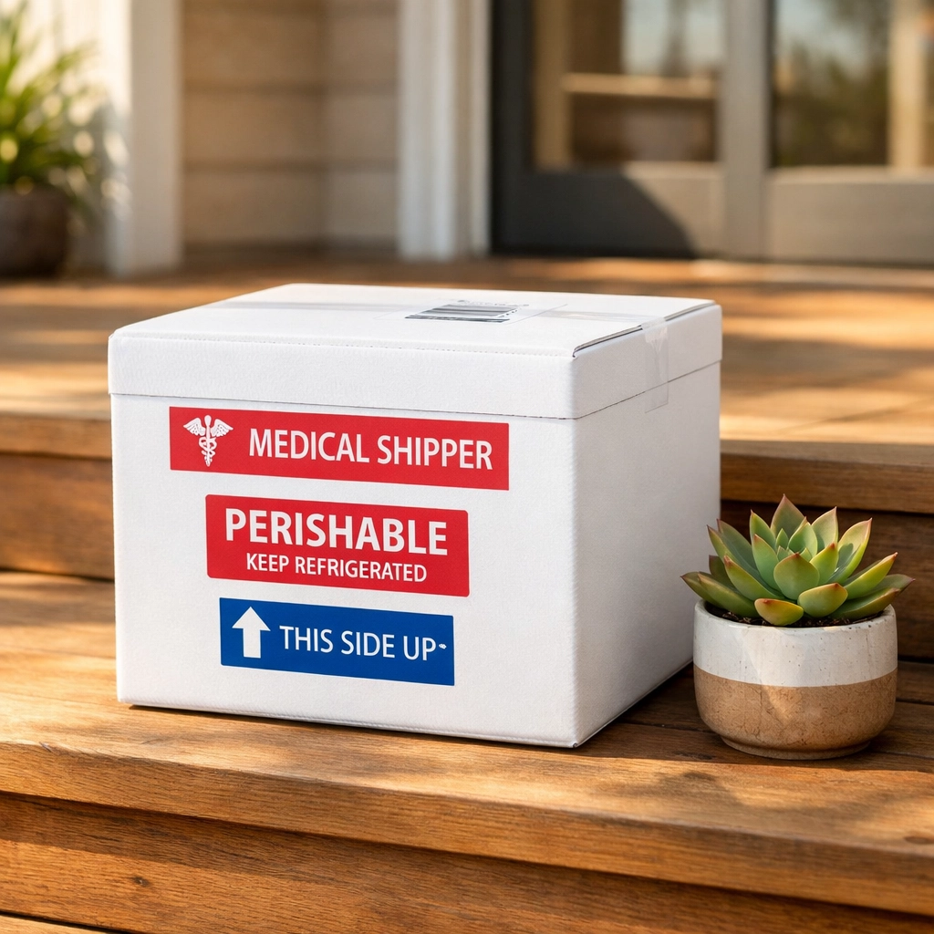 An insulated medical box for safe cold-chain delivery of tirzepatide in California.