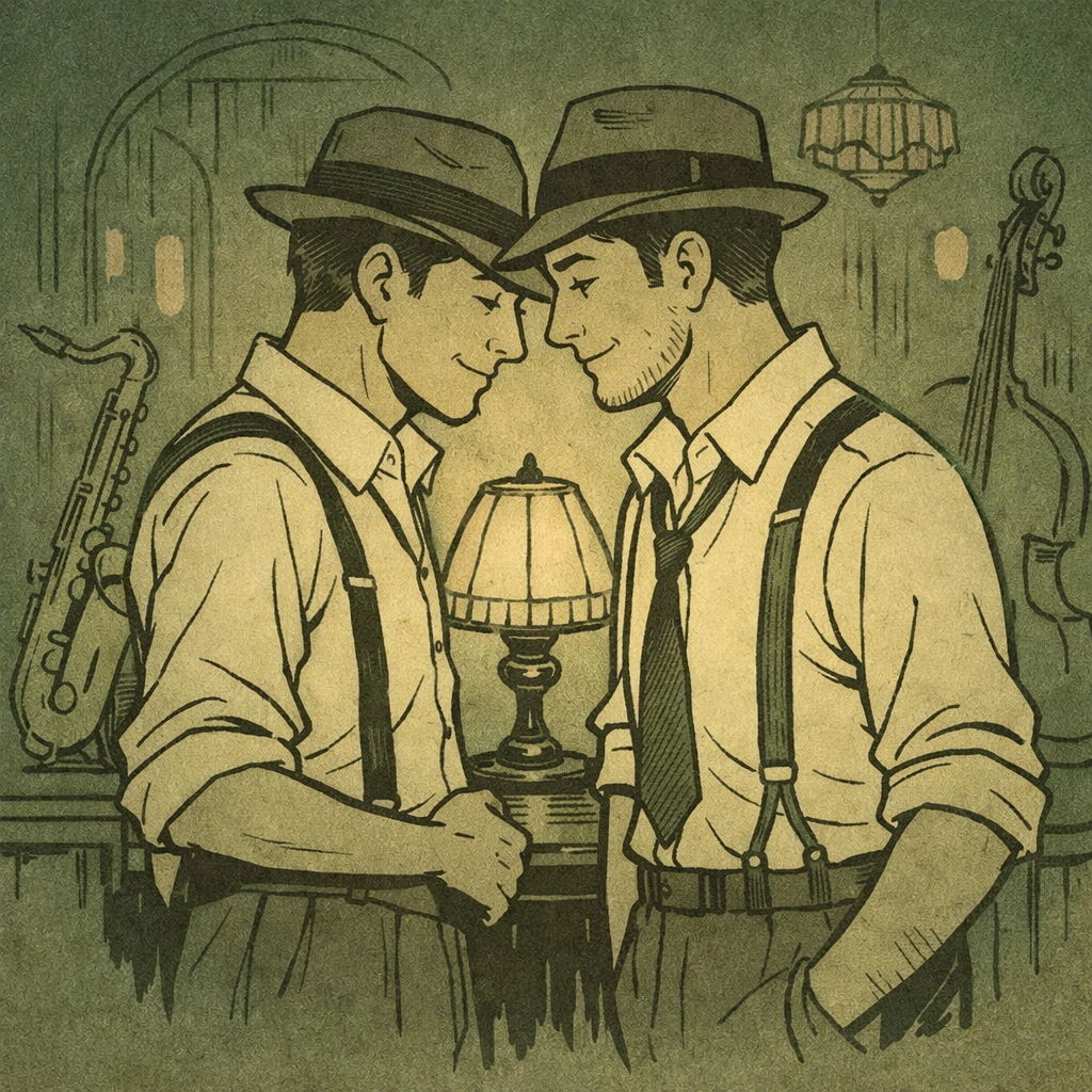 Two men share intimate moment in 1920s New Orleans speakeasy with jazz instruments - MM romance