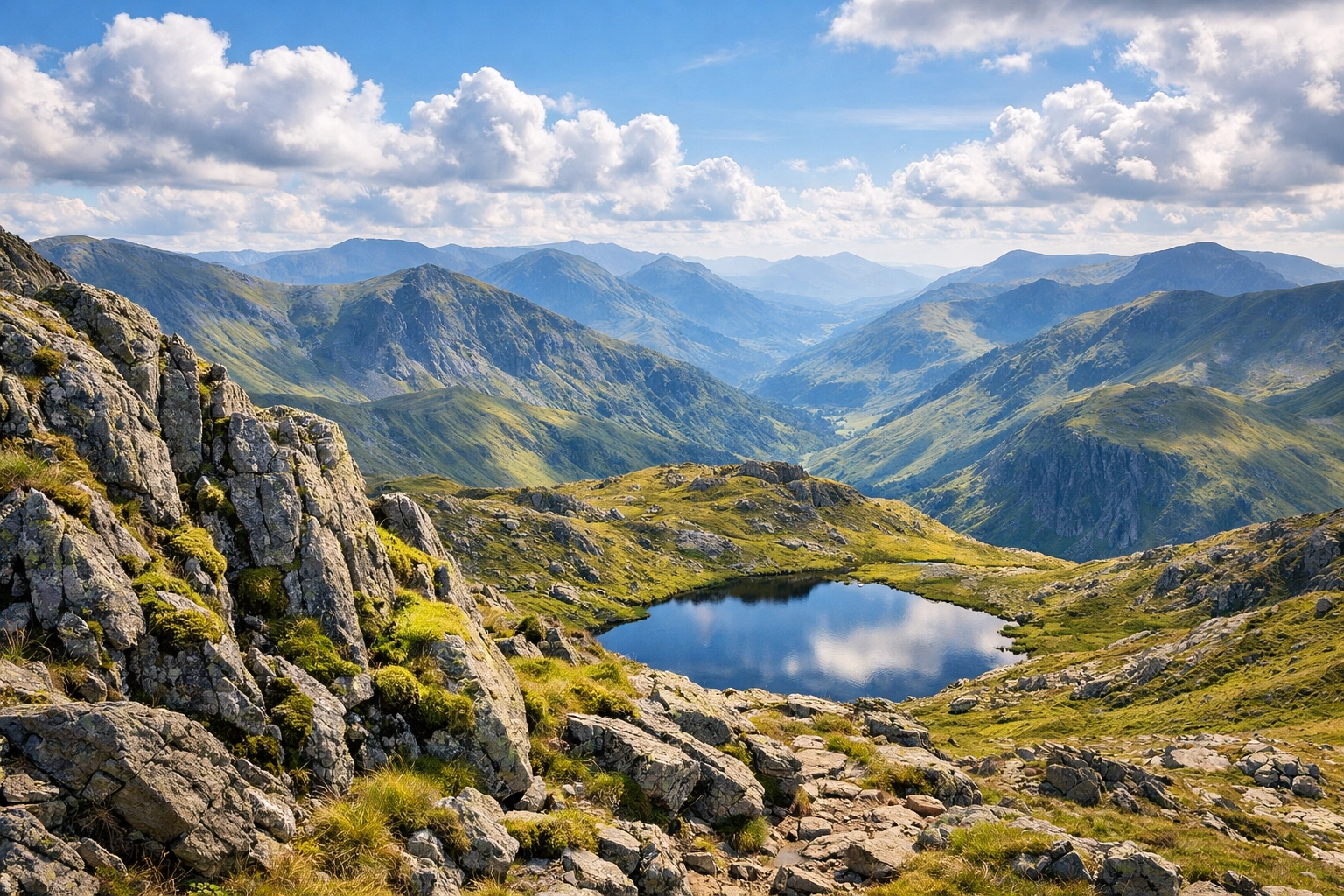 Northern Lake District fells and remote peaks from elevated ridge viewpoint