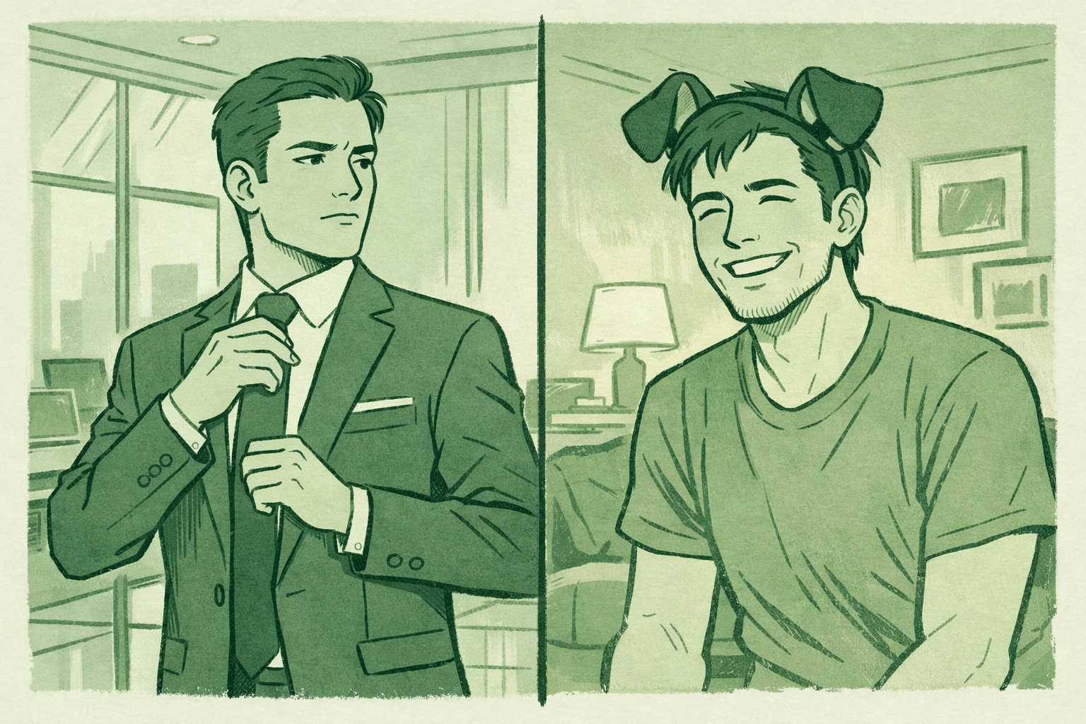 Corporate professional by day versus authentic pup identity at night - gay lifestyle contrast