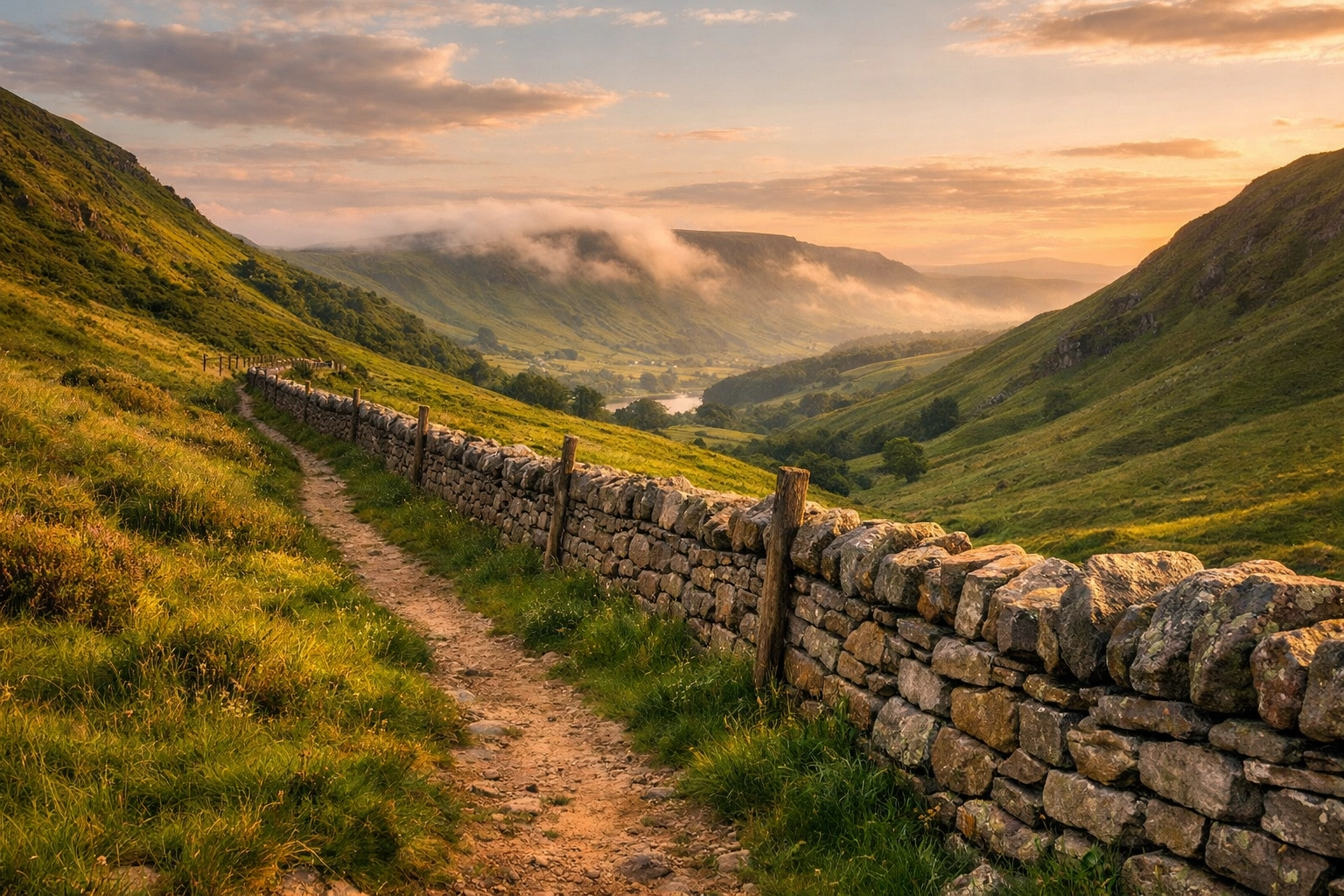 A traditional dry-stone wall in the Peak District acting as a handrail for night navigation.
