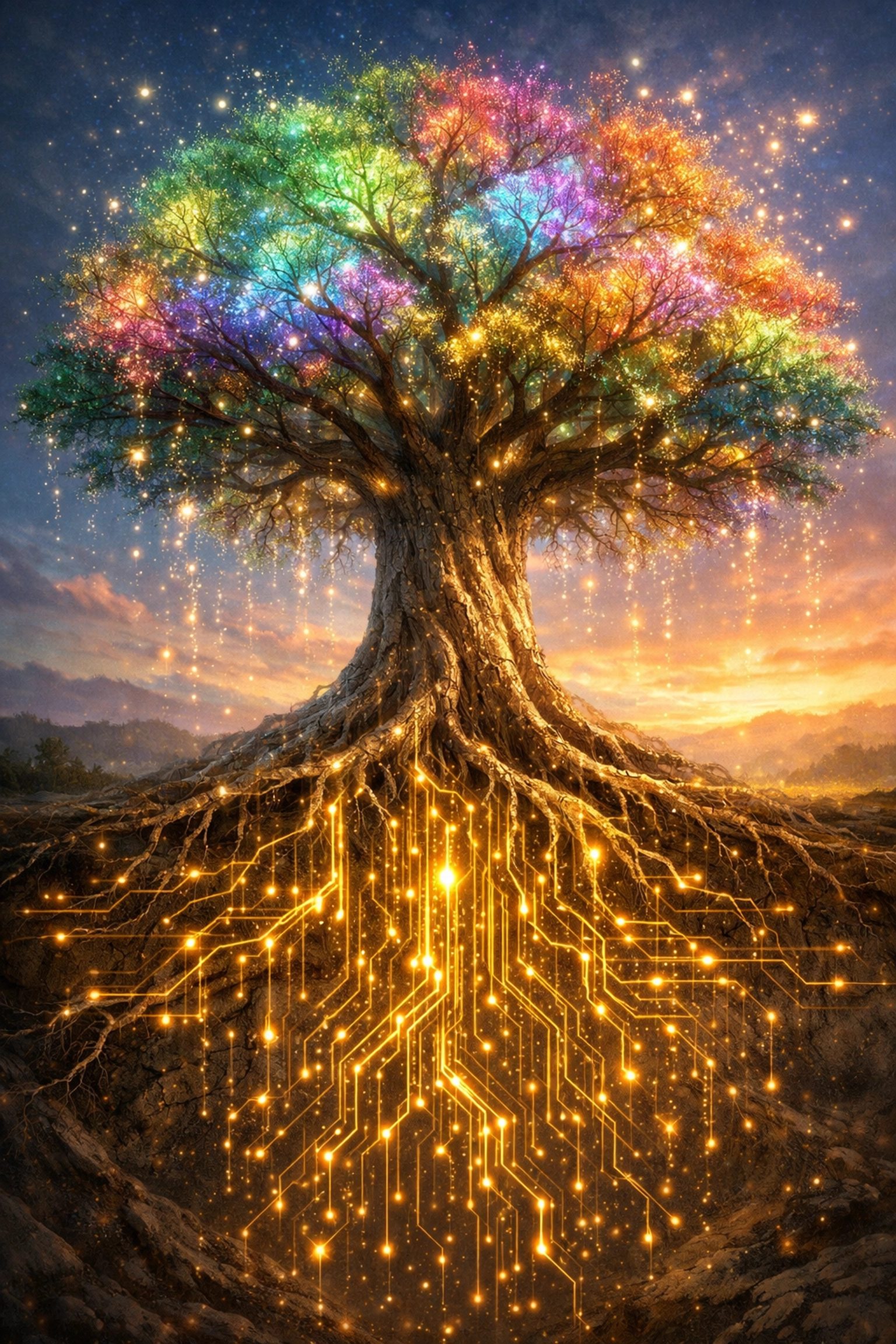 A visionary tree with glowing roots symbolizing the grounded strength needed to be a better parent.