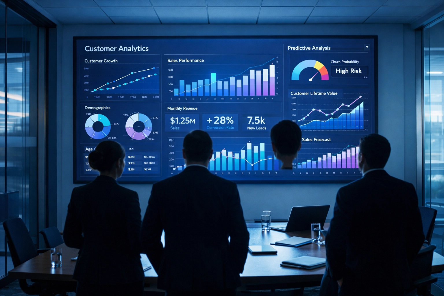 Business team reviewing AI security and compliance dashboards for data governance and protection