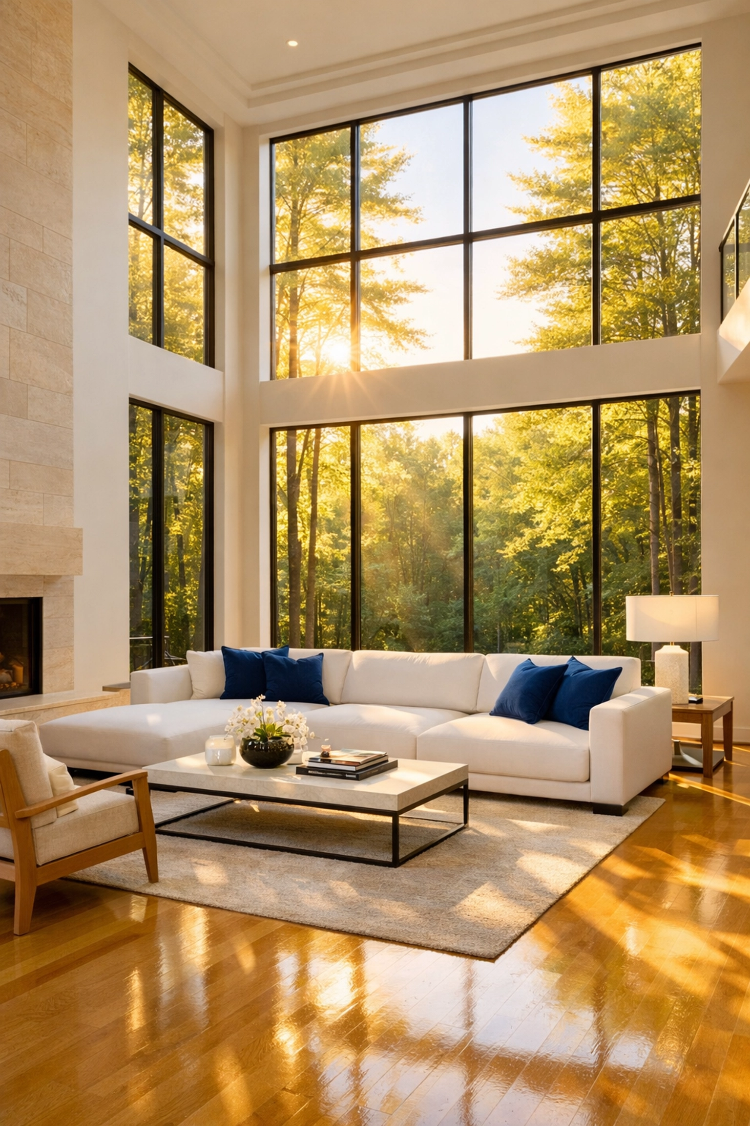 Sun-drenched Dover estate living room showcasing a white-glove finish by Ninja-Fast Cleaning in Dover.