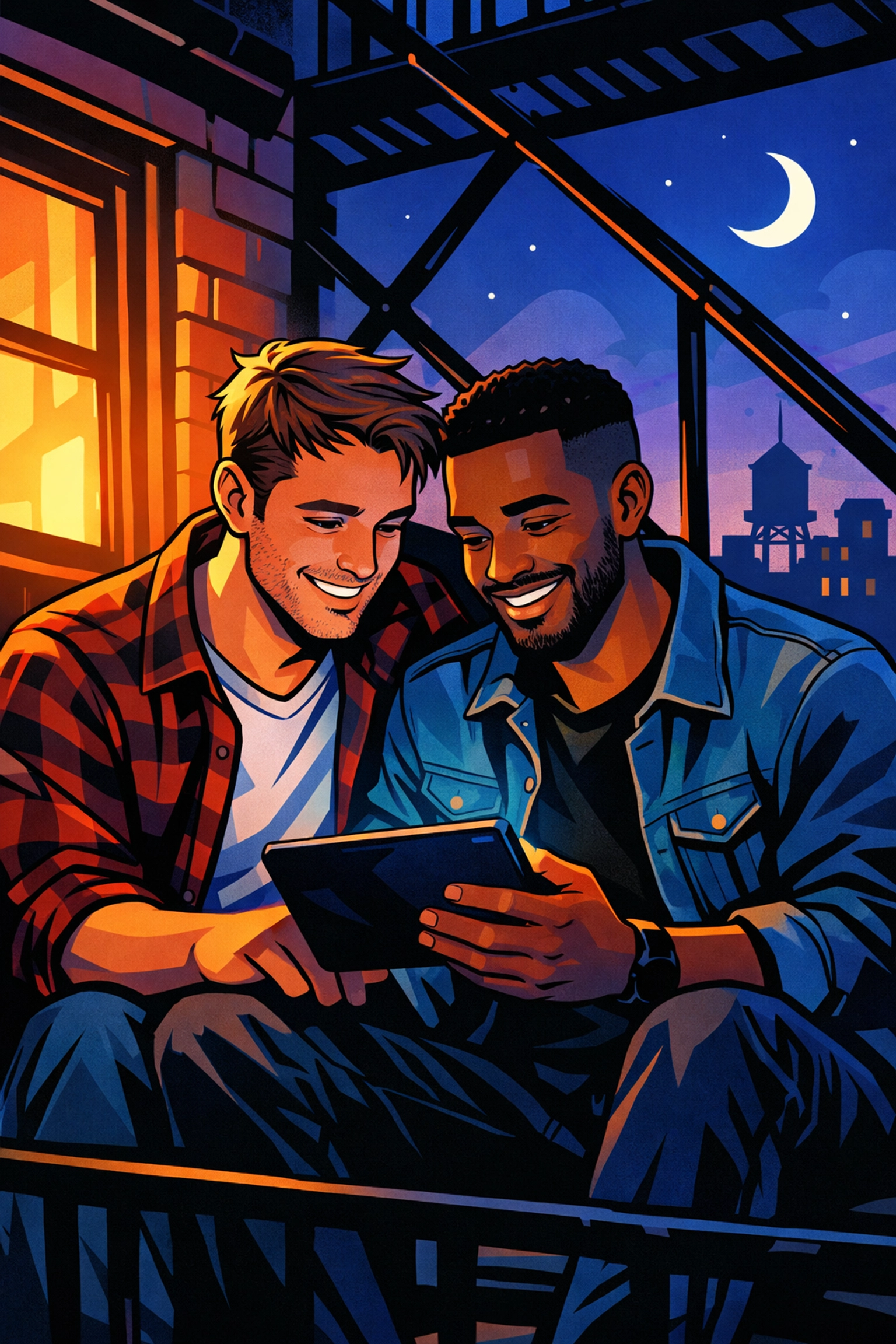 Diverse gay protagonists sharing a moment on a city fire escape, reflecting modern queer graphic novel stories.
