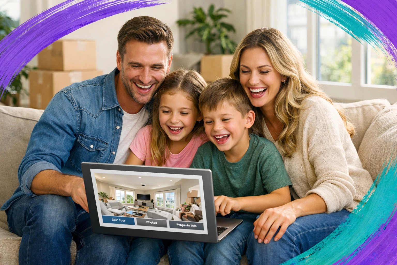Family using virtual tour technology for remote home buying relocation to Peoria Arizona