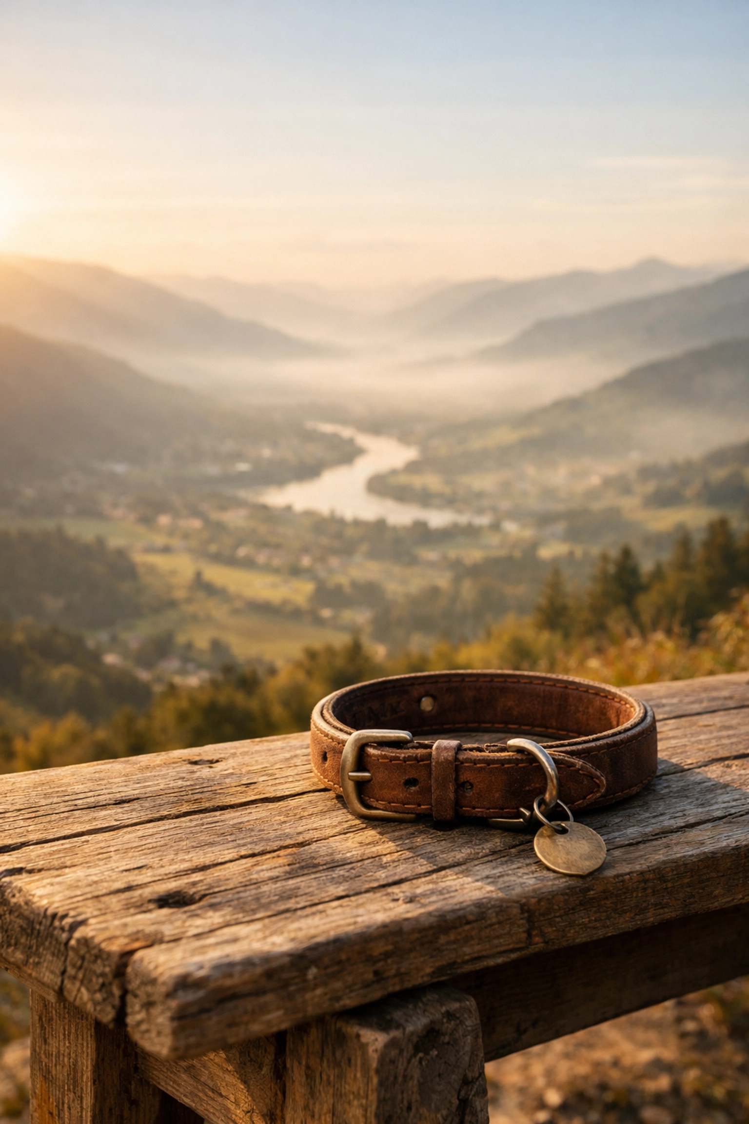 Pet collar memorial on a bench overlooking a peaceful valley during a ceremony for scattering ashes.