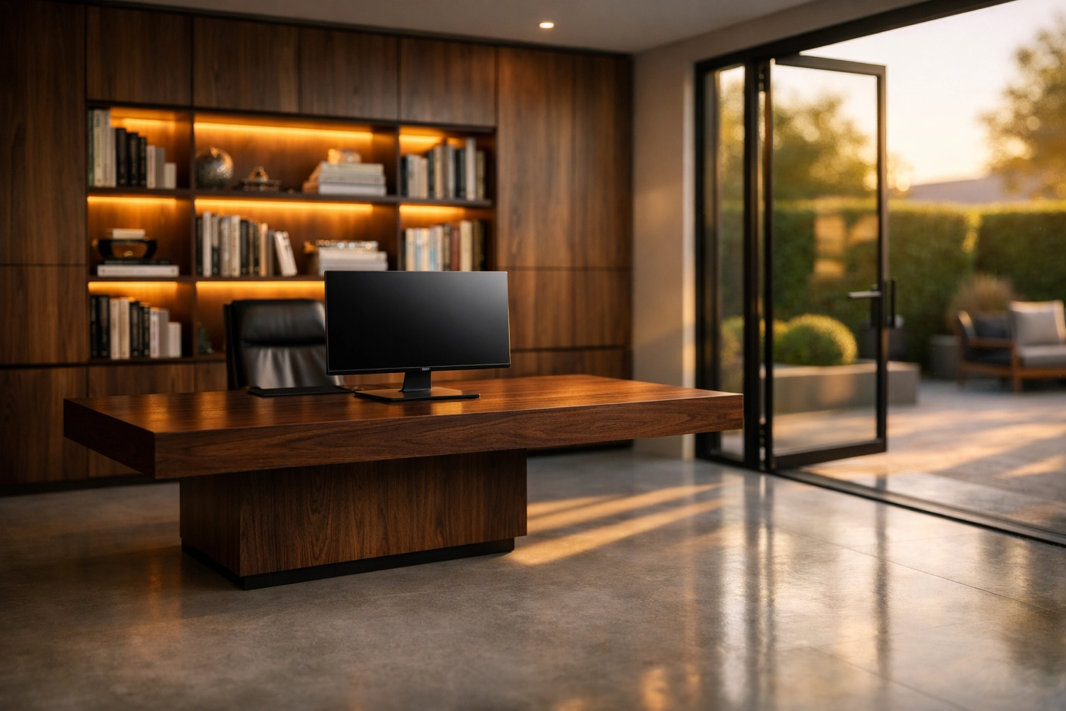 Executive home office garage conversion in Bognor Regis with bespoke walnut desk and modern design.