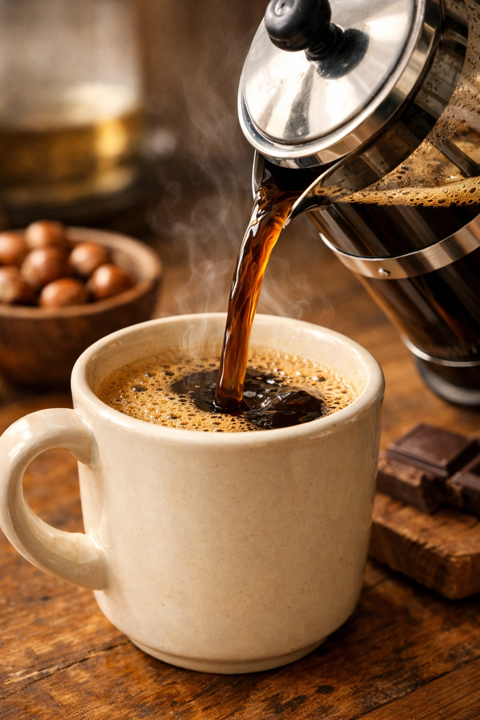 Freshly brewed coffee being poured from a French Press into a ceramic mug in a cozy kitchen.