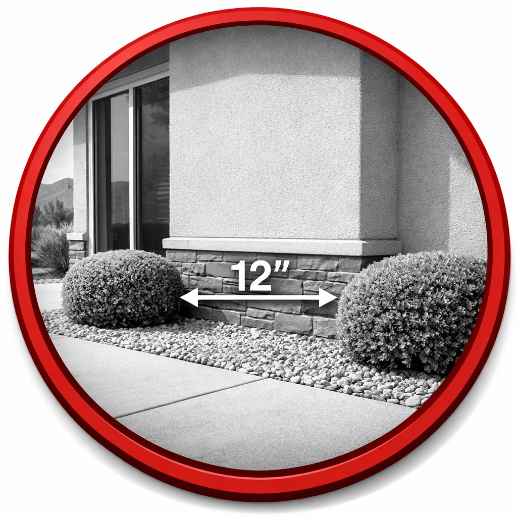 Pest-free desert landscaping with bushes trimmed away from the home foundation to prevent scorpion nesting.