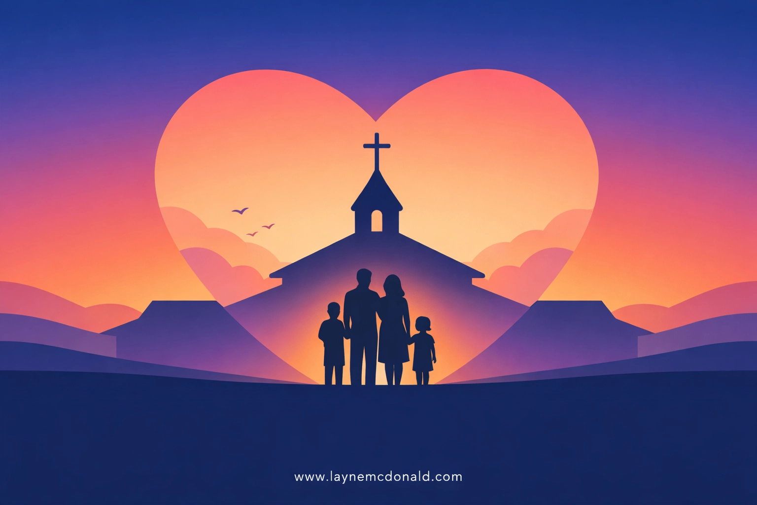 Family silhouettes standing safely in front of a church building symbolizing trust and security in religious settings.