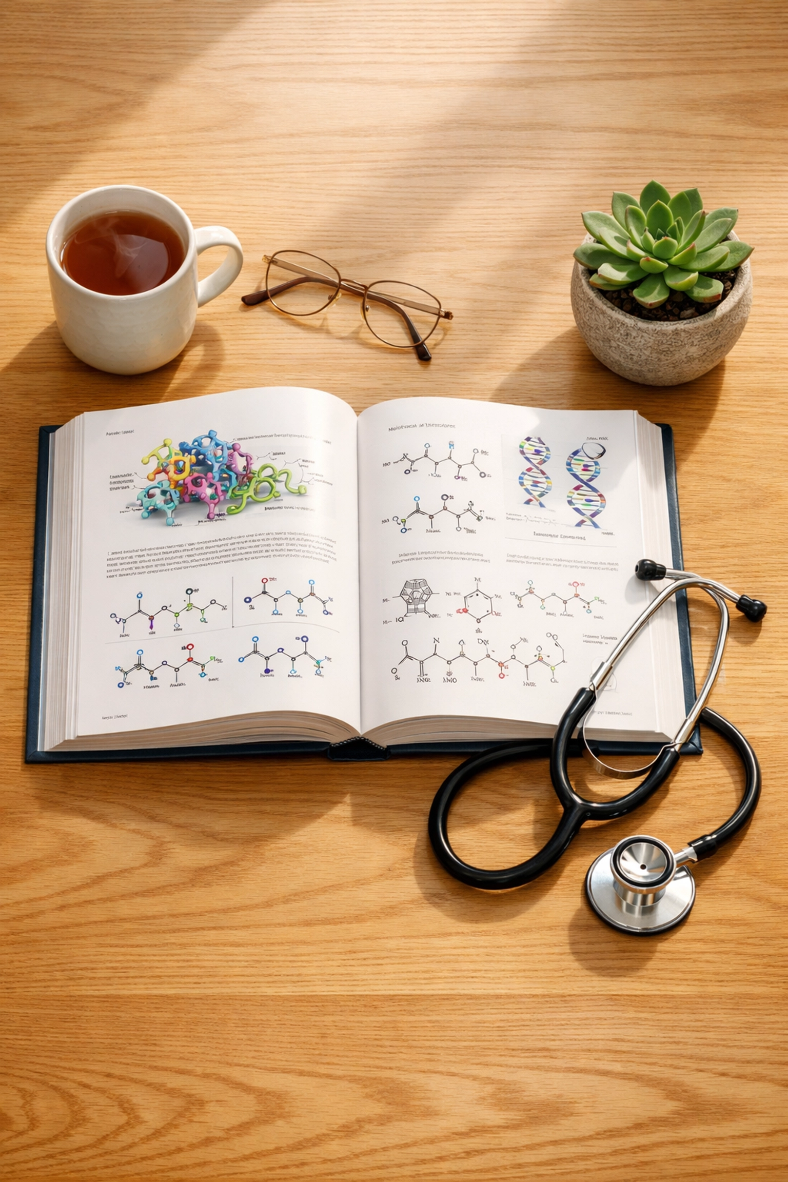 A Level Chemistry textbook and a stethoscope on a desk, helping medical school applicants prepare for admissions.