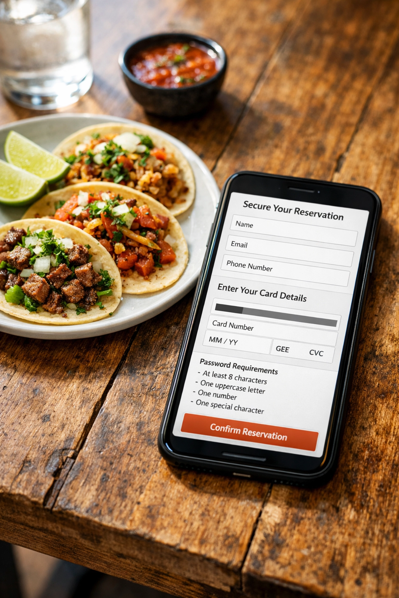 Restaurant reservation app on smartphone next to street tacos showing complex booking requirements
