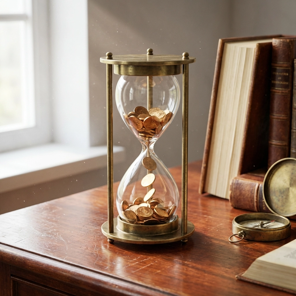 Hourglass with flowing gold coins on an antique desk represents long-term wealth and private equity planning.