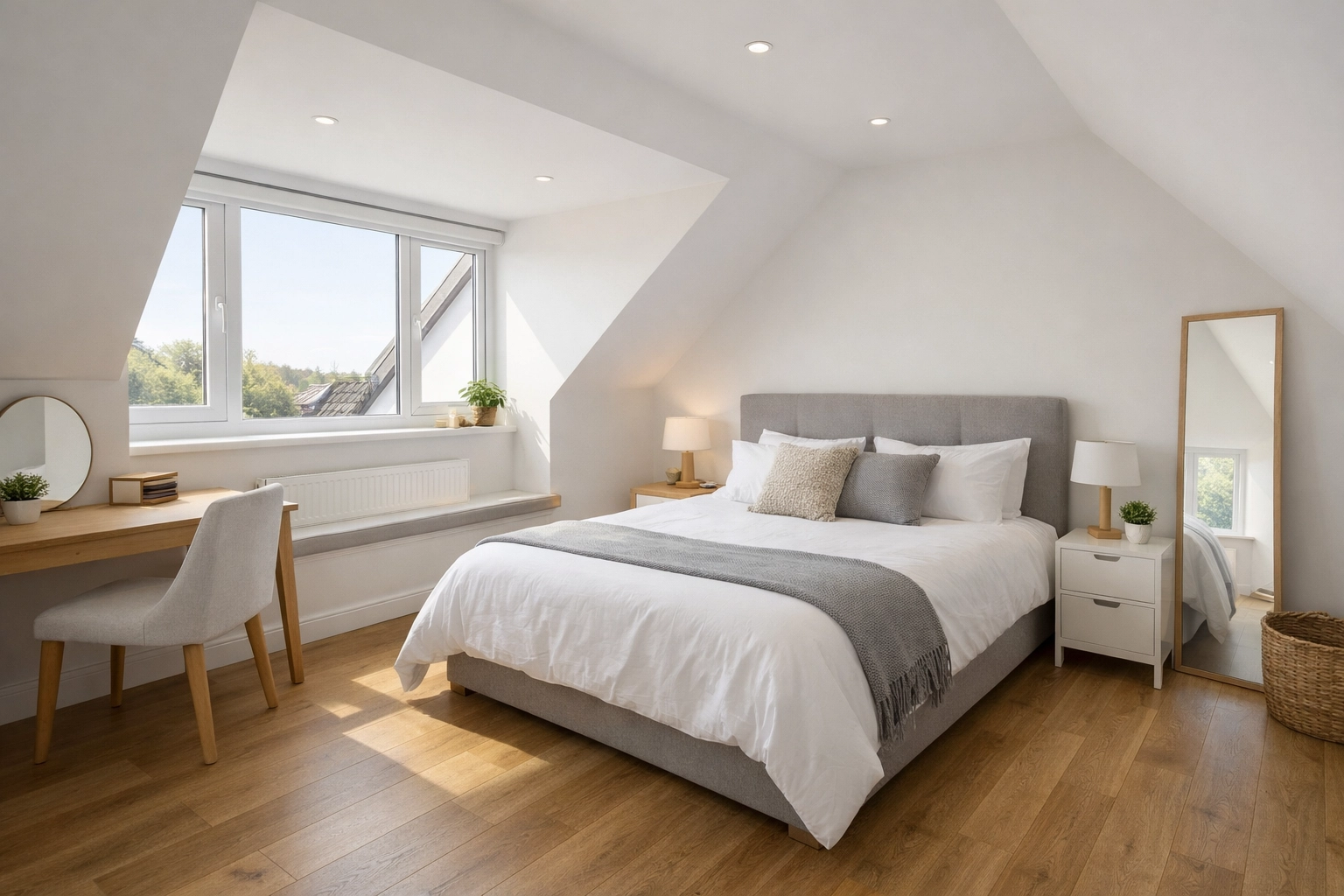 Completed dormer loft conversion bedroom with natural light and modern finishes