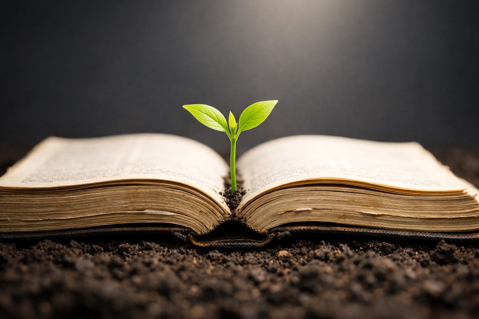 A green plant sprout growing from an open Bible, symbolizing spiritual growth and hope.