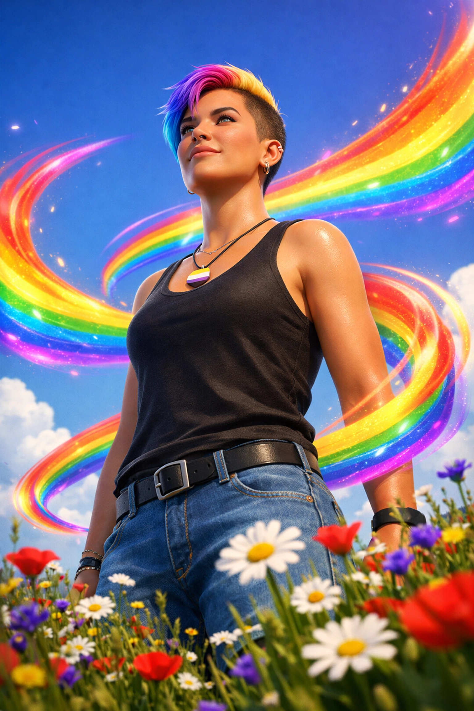 An empowered non-binary individual standing in a field of wildflowers, representing pride and queer fiction themes.