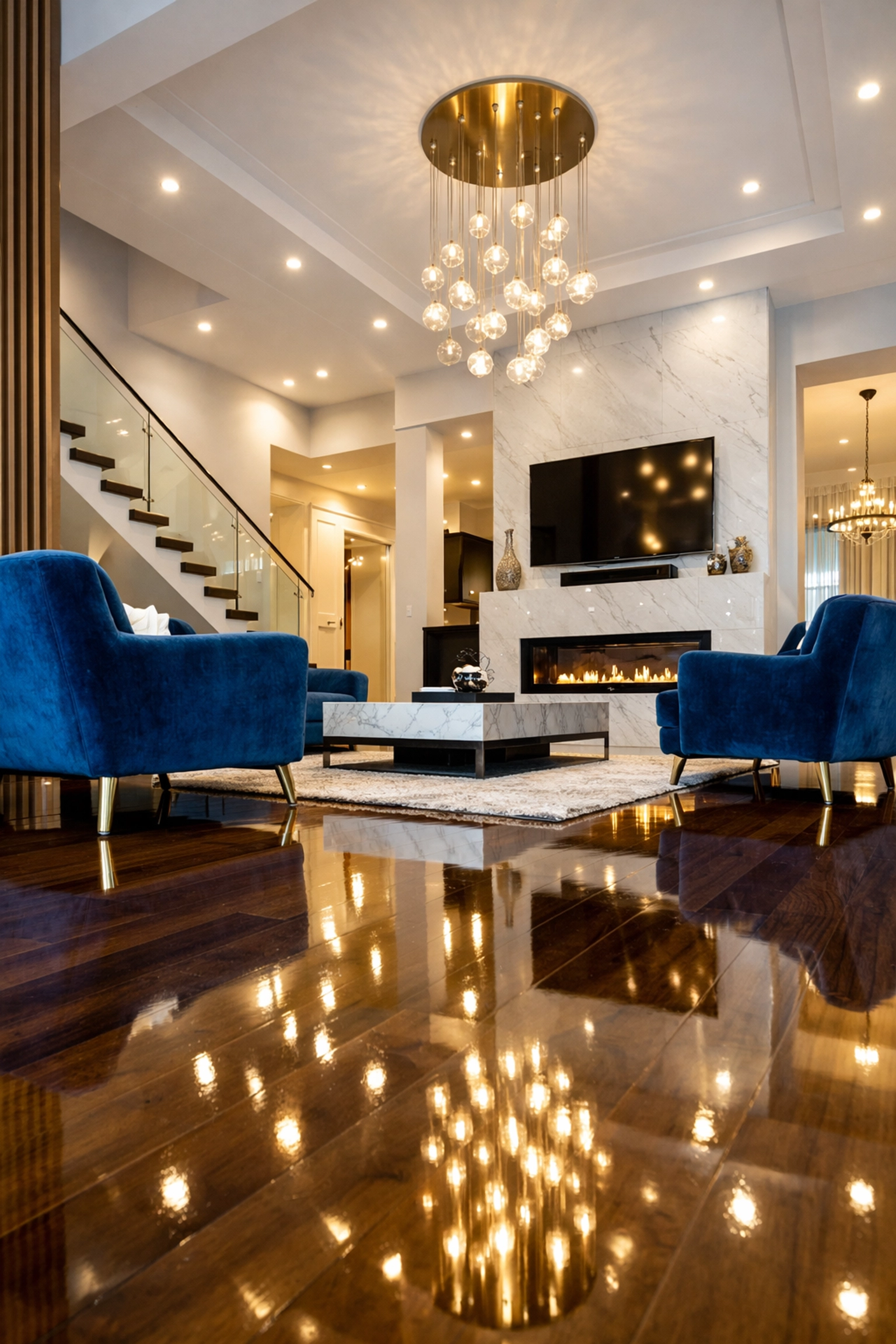 Impeccably clean luxury living room in Bedford after expert post construction deep cleaning.