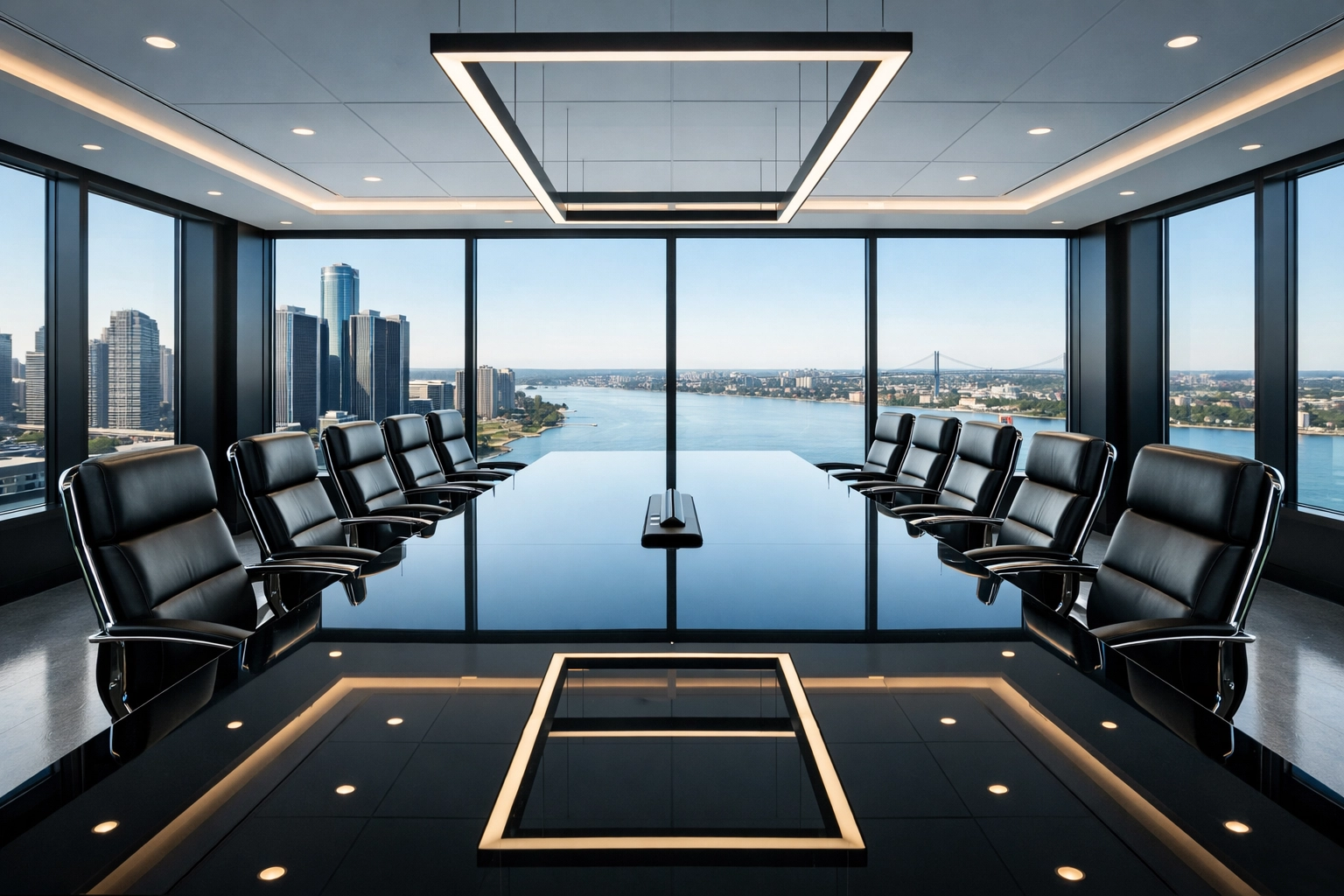 A spotless executive conference room in a Detroit skyscraper, showcasing high-standard professional office cleaning.