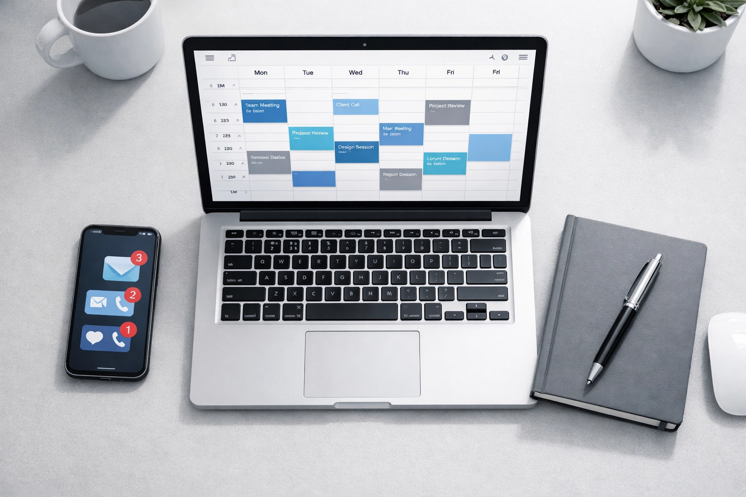 Organised workspace showing scheduled meetings and productivity enabled by AI sales automation