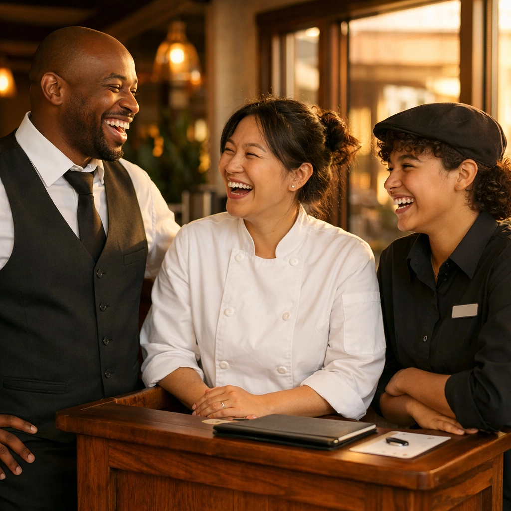 Diverse restaurant staff during a pre-shift meeting in a thriving, stabilized business.
