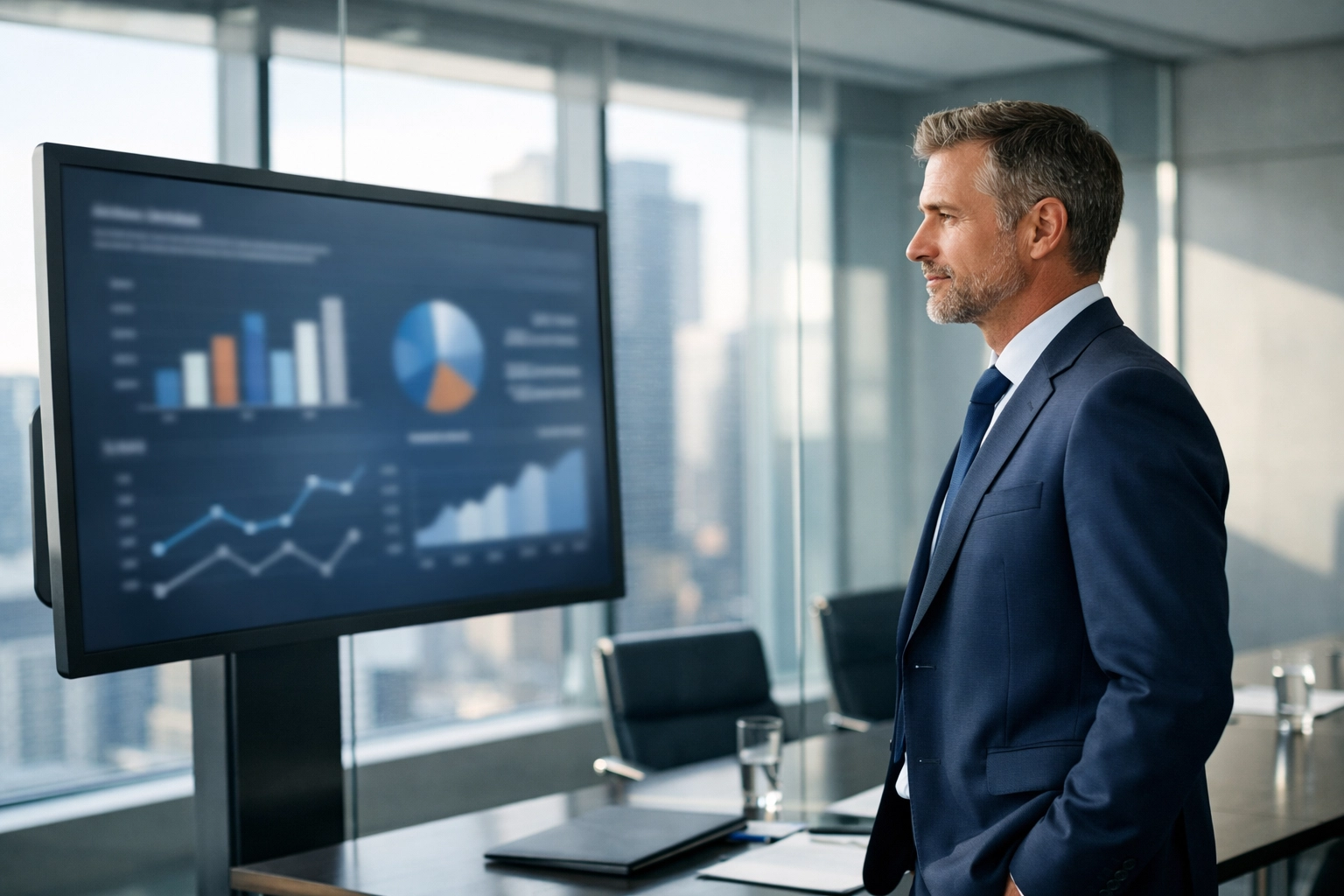 Business executive conducting a strategic media assessment for brand innovation in a modern office.