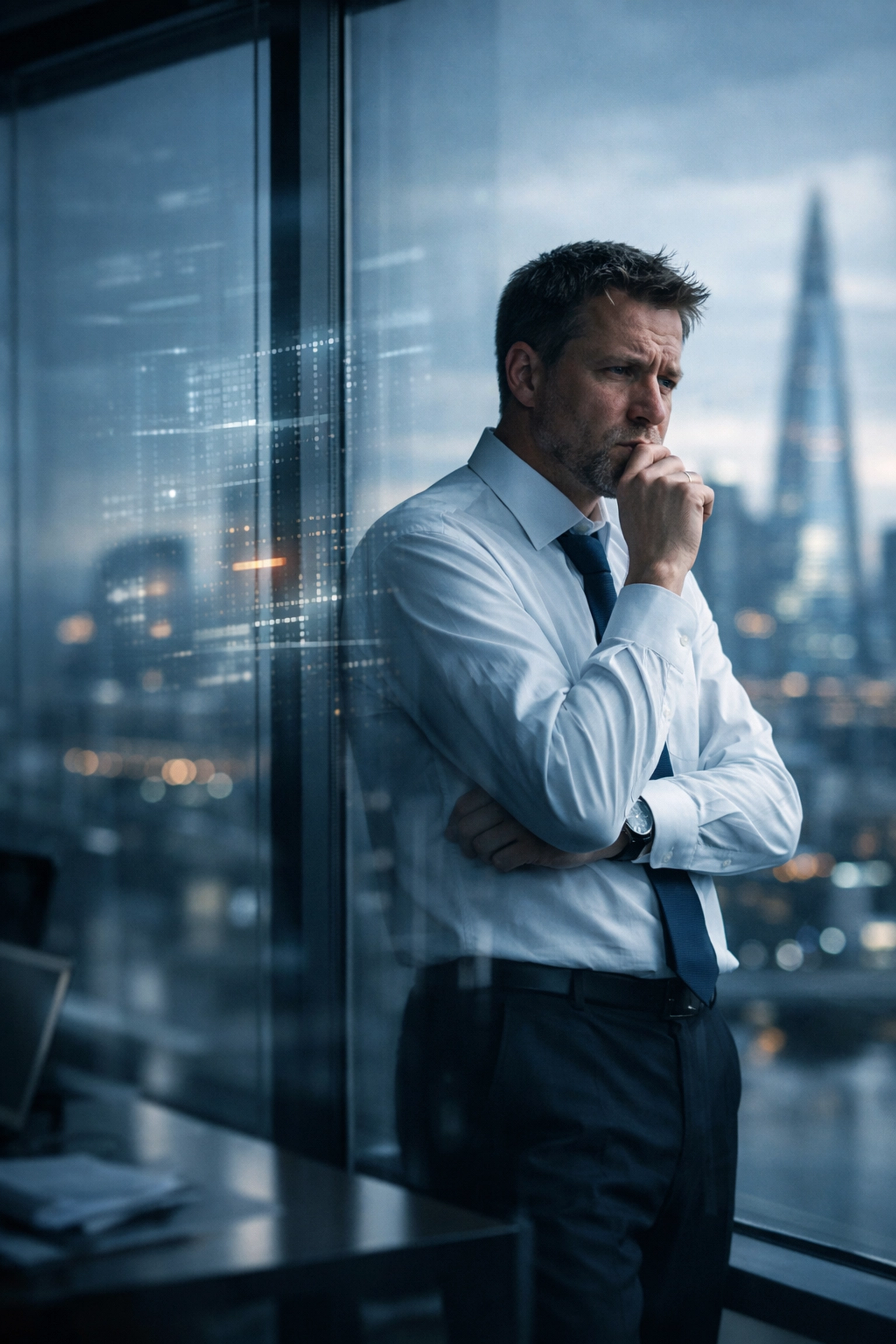 A thoughtful sales manager overlooking a city, reflecting on sales competency data and leadership strategy.