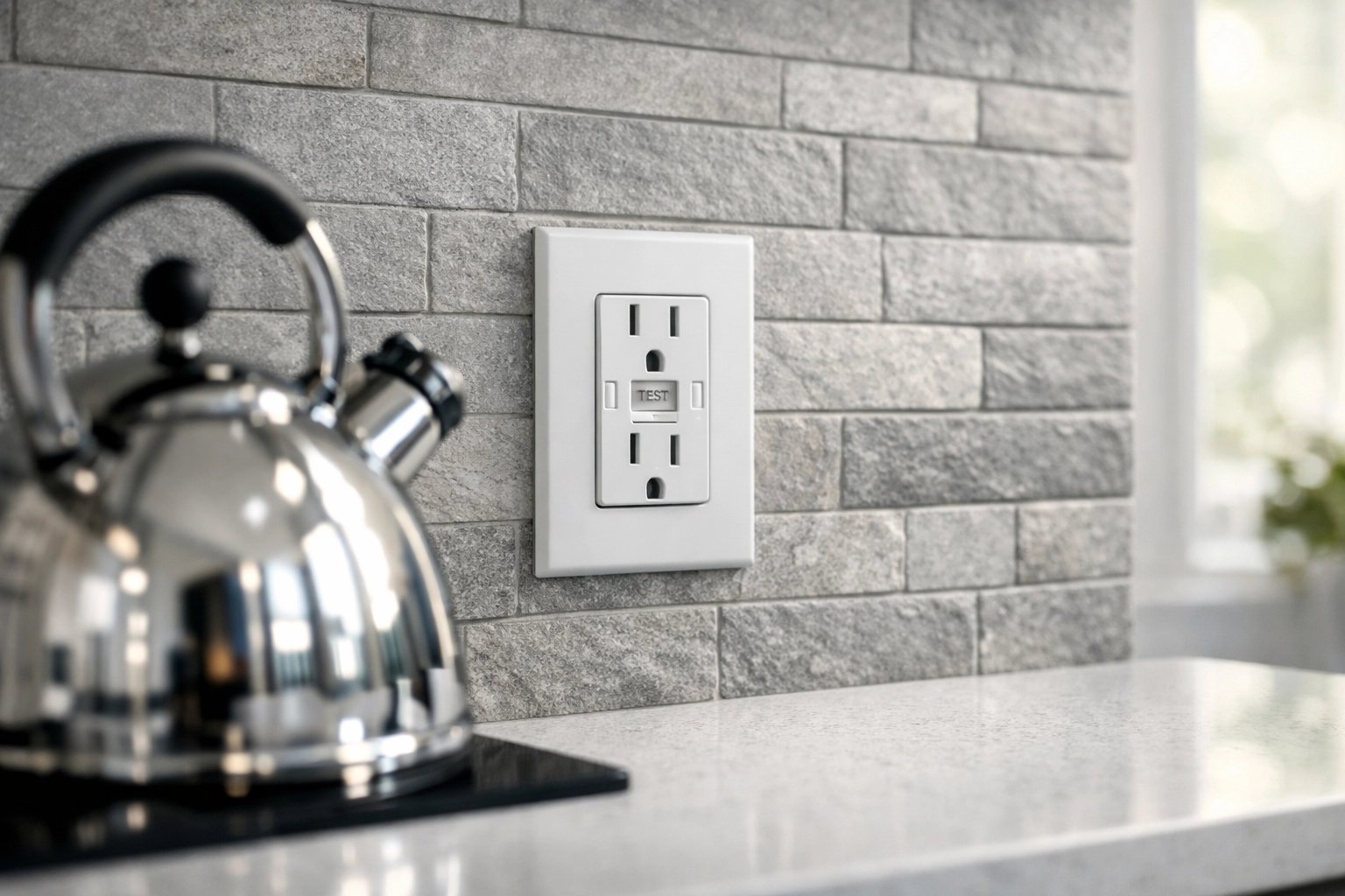 Modern kitchen GFCI outlet installation for safety during a professional electrical upgrade in Edmonton.