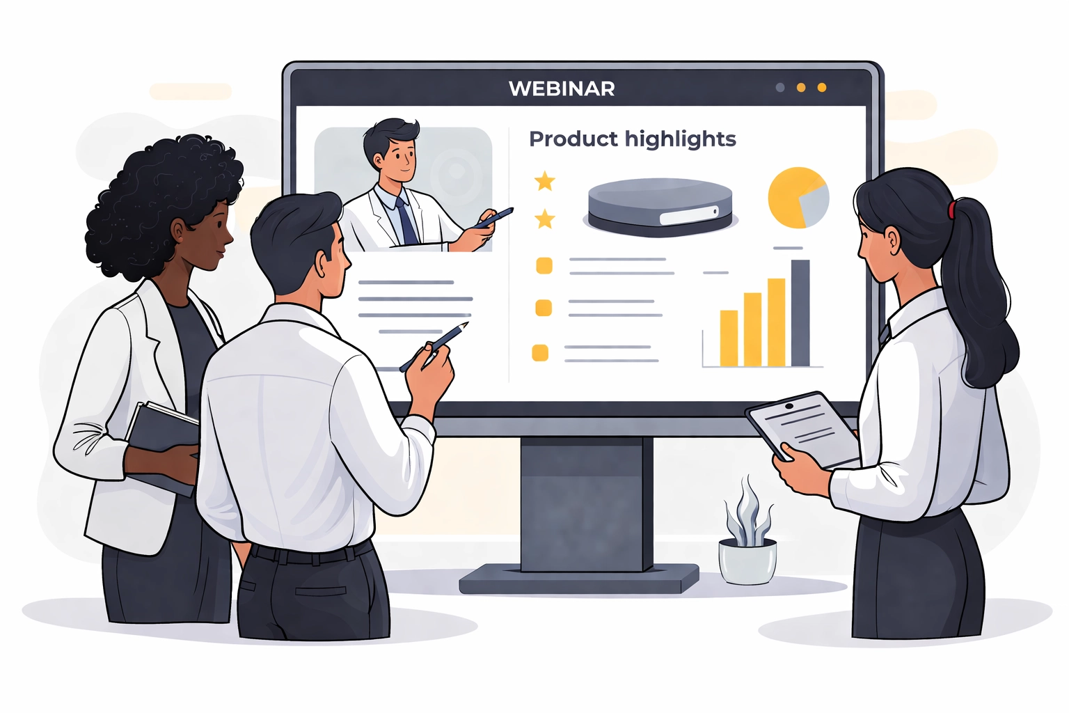 Team using an interactive webinar platform with product highlights, showcasing team-based selling and webinar tools.