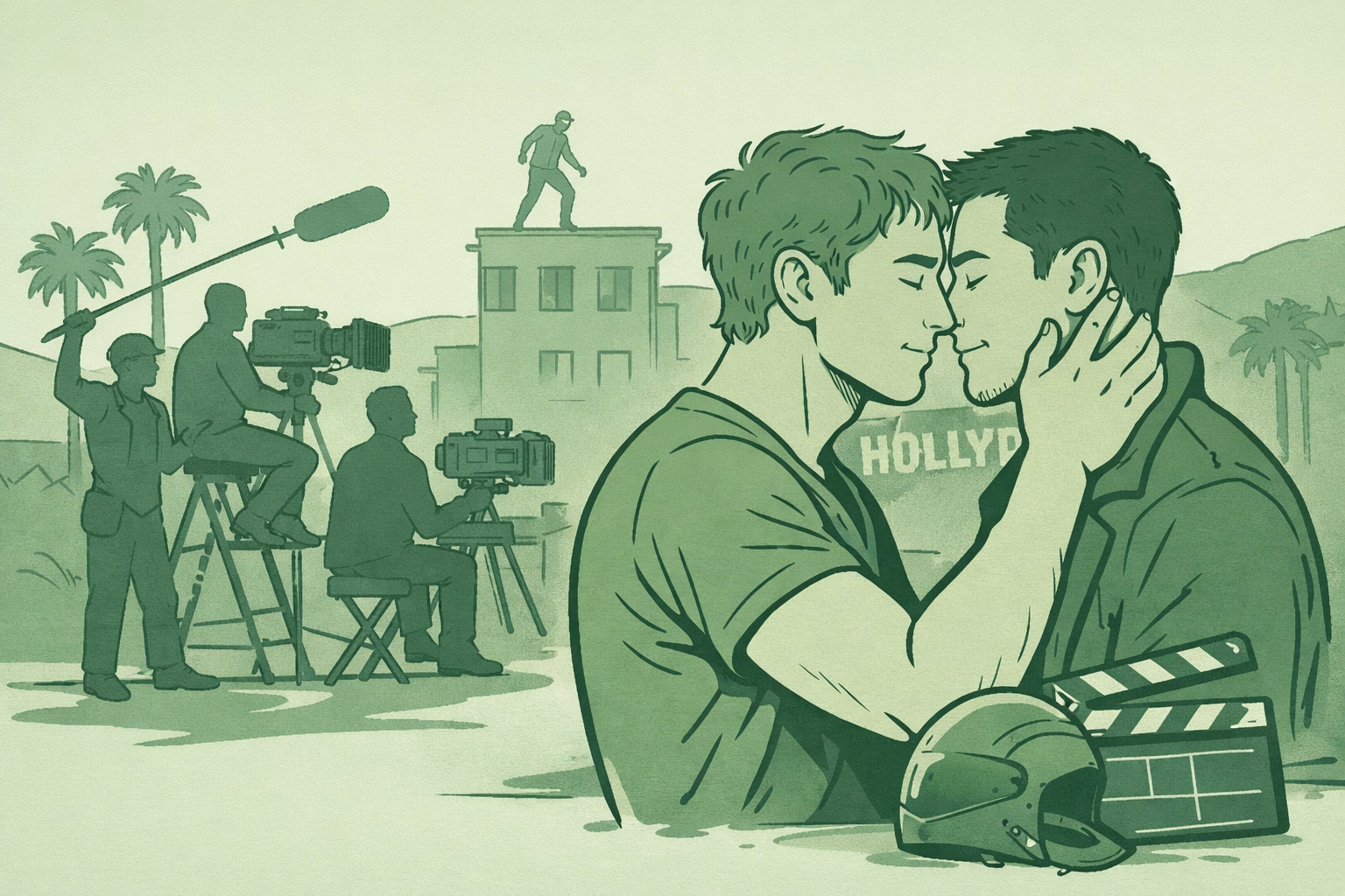 A quiet, intimate moment in a stunt rehearsal space. Two men are sitting on a blue training mat. One man (the star) is carefully wrapping the wrist of the other man (the stunt double). They are close, their foreheads almost touching, showing a moment of deep care and physical trust away from the chaos of a film set.