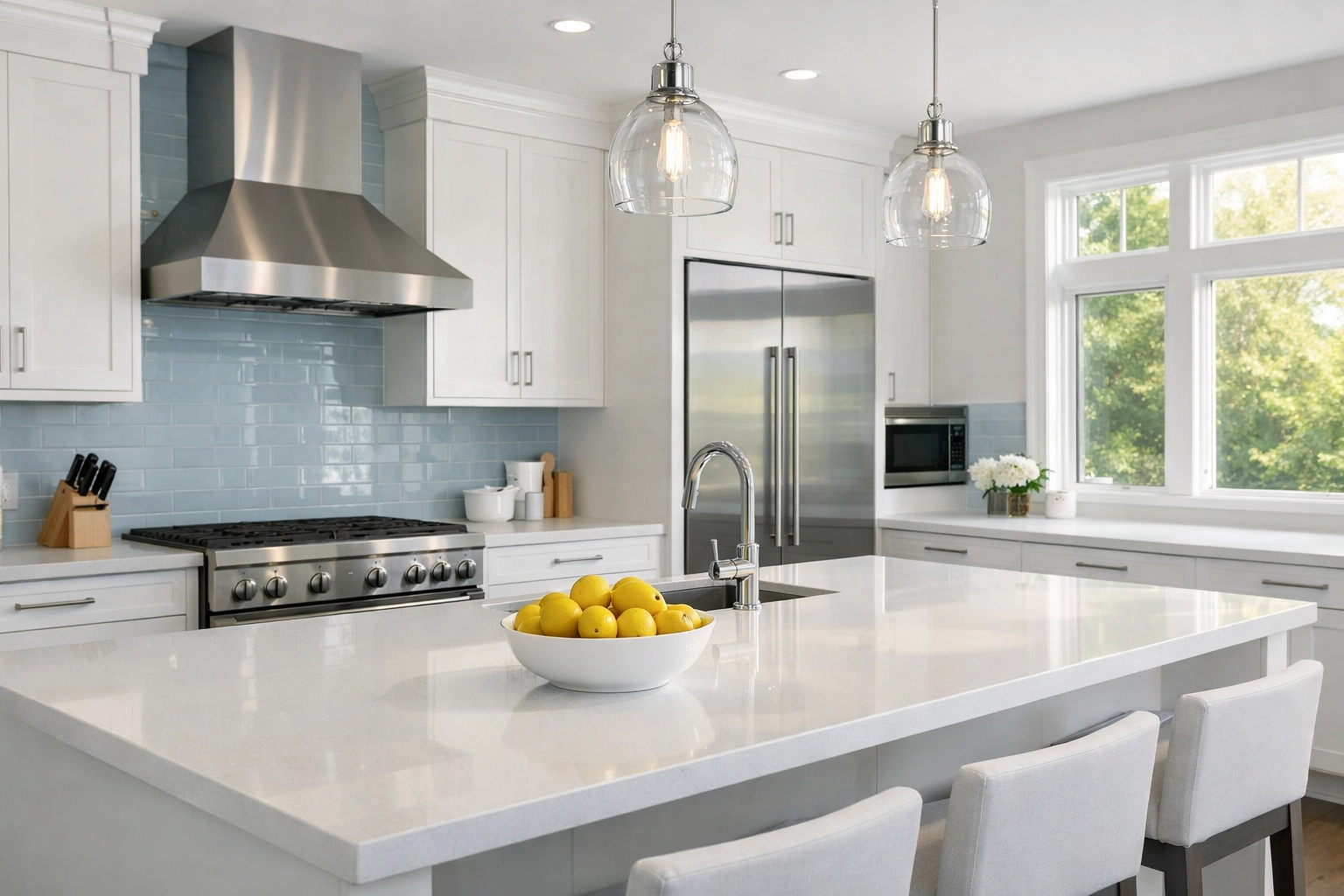 Spotless modern kitchen in an Acton home representing the time saved by hiring a professional maid service.