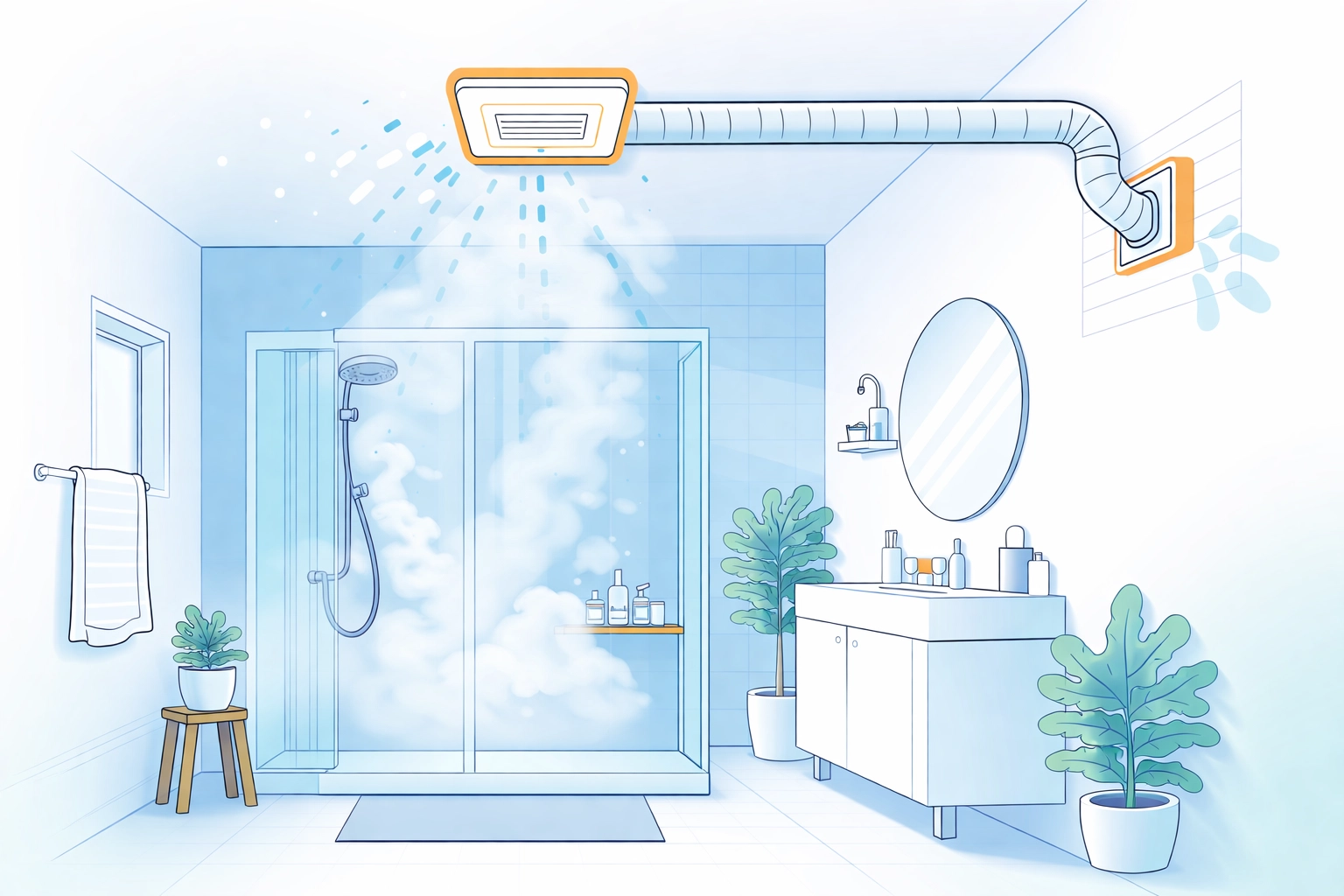 Bathroom scene with extractor fan venting steam outside, reducing indoor moisture and loft condensation.
