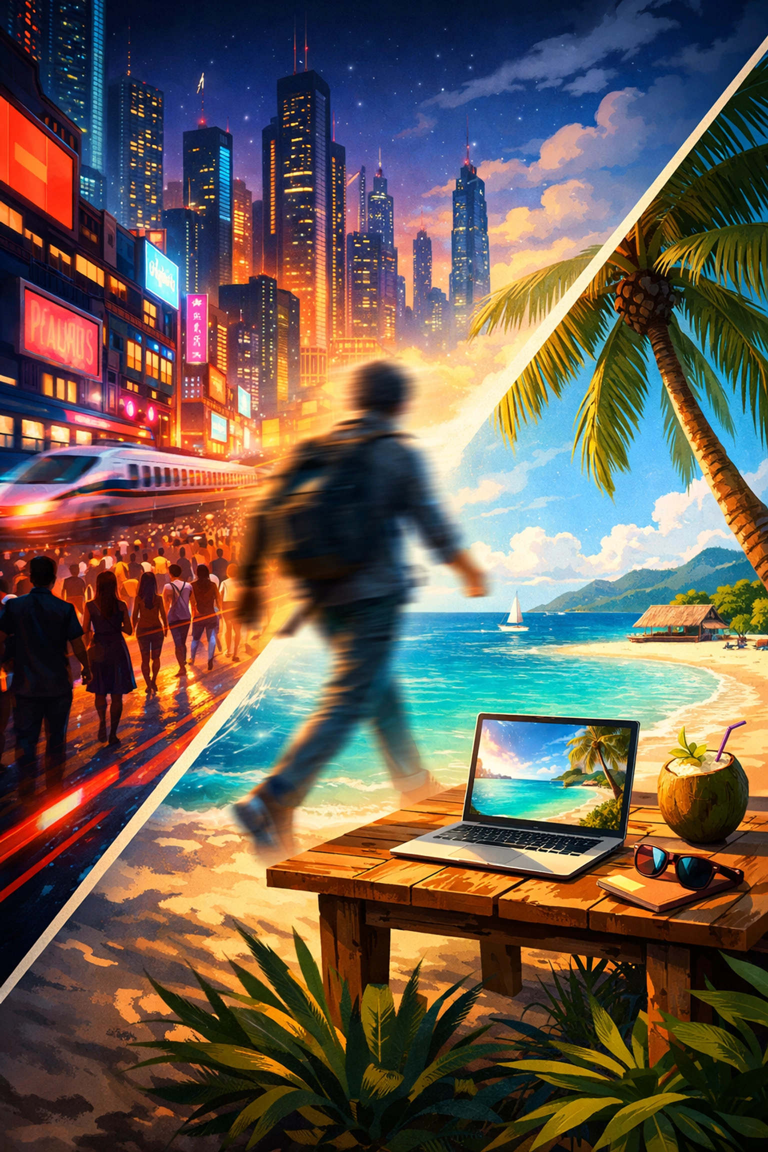 Comparison of a busy city and a tropical beach workspace, illustrating geo-arbitrage and lifestyle design.