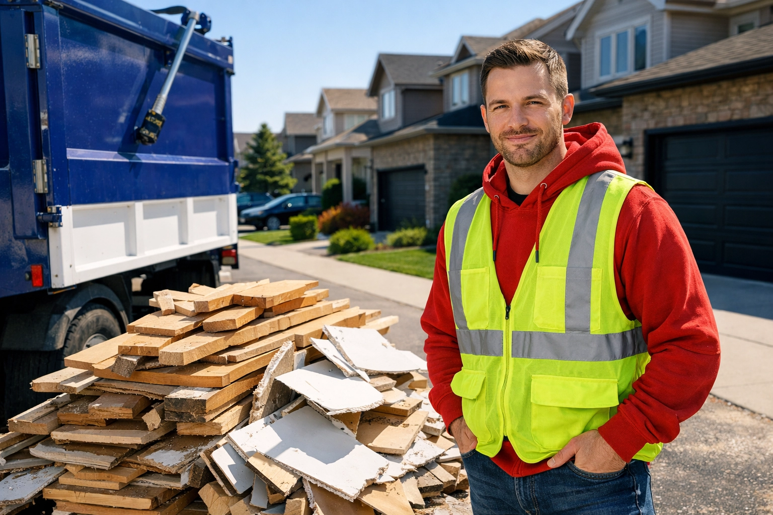 Junk GTA owner Roman managing professional renovation debris removal at an Aurora residential property.