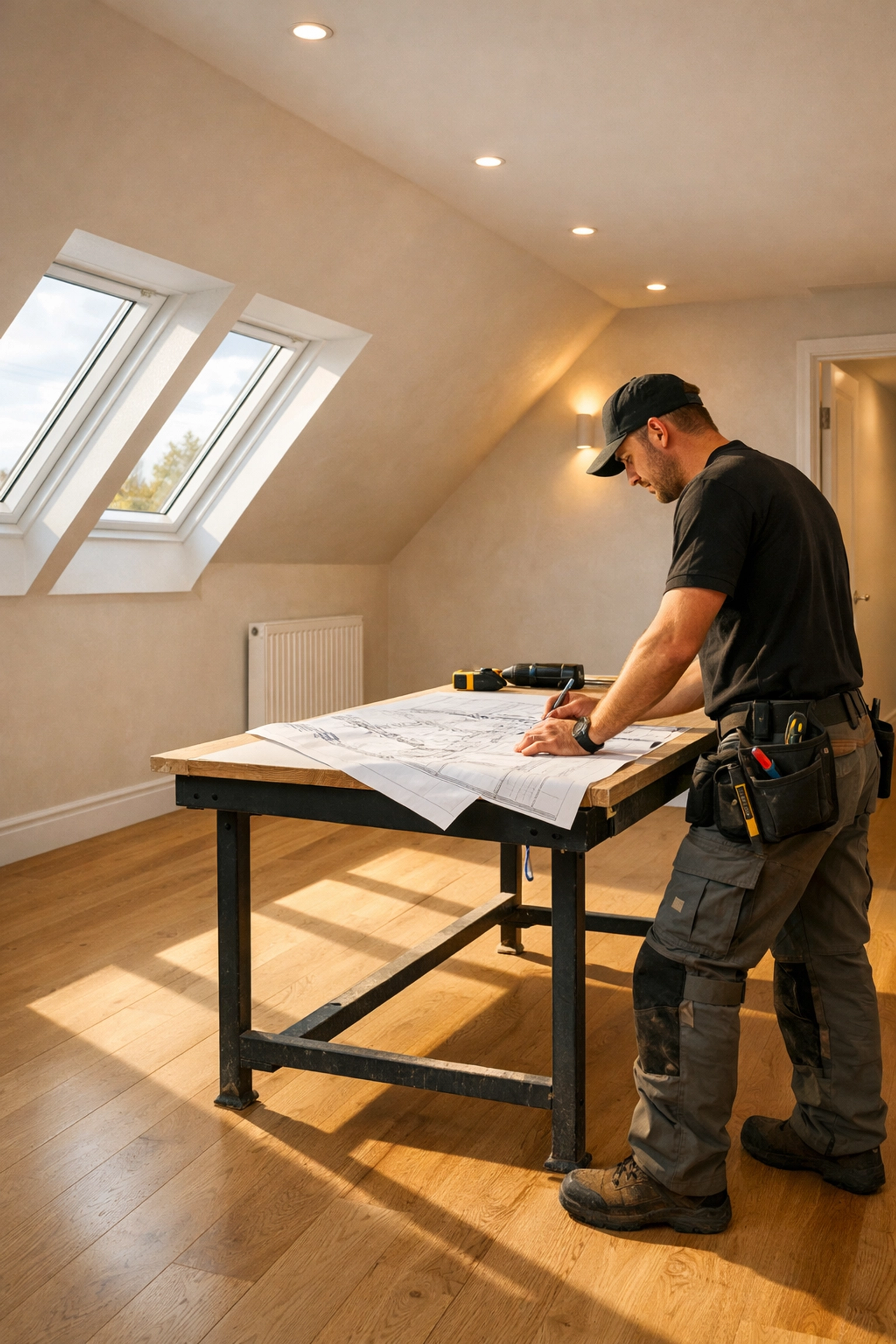 Expert builder reviewing plans in a high-quality finished loft conversion project.