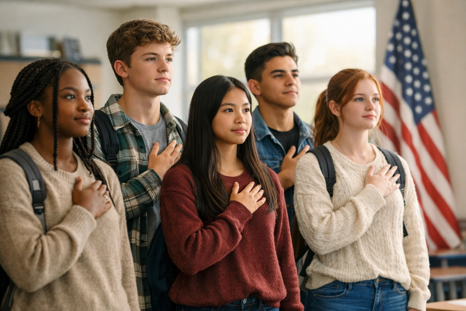 High school students with hands over hearts reciting the Pledge of Allegiance in a sun-lit classroom.