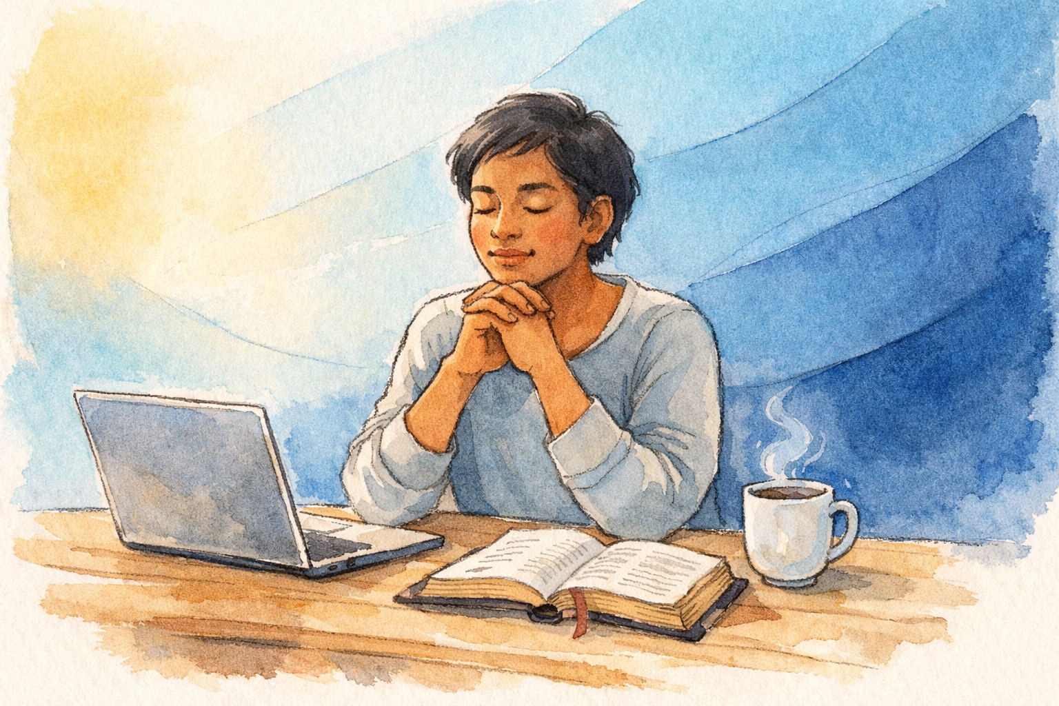 Online church worship from home with Bible study and laptop