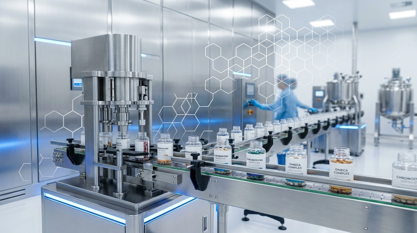 A modern, clinical nutraceutical manufacturing facility featuring stainless steel machinery and conveyor systems under naturalistic clinical lighting.