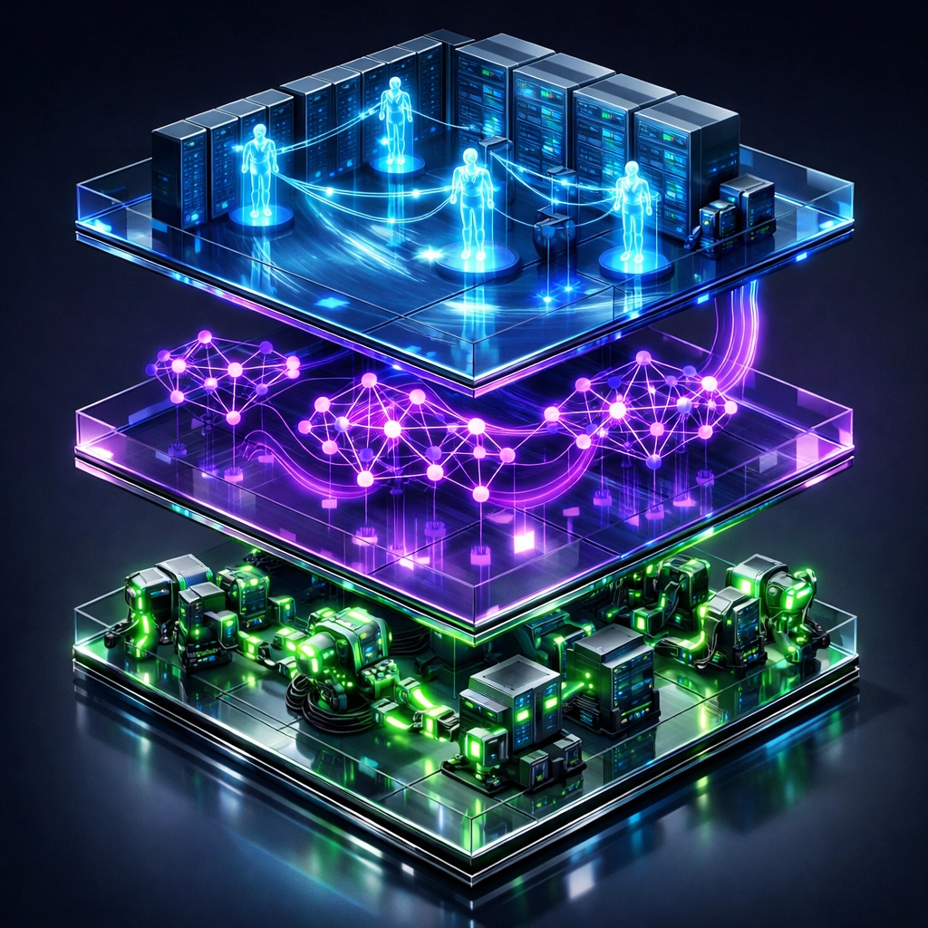 Three-layer ServiceNow ITOM architecture showing monitoring, orchestration, and execution AI agents