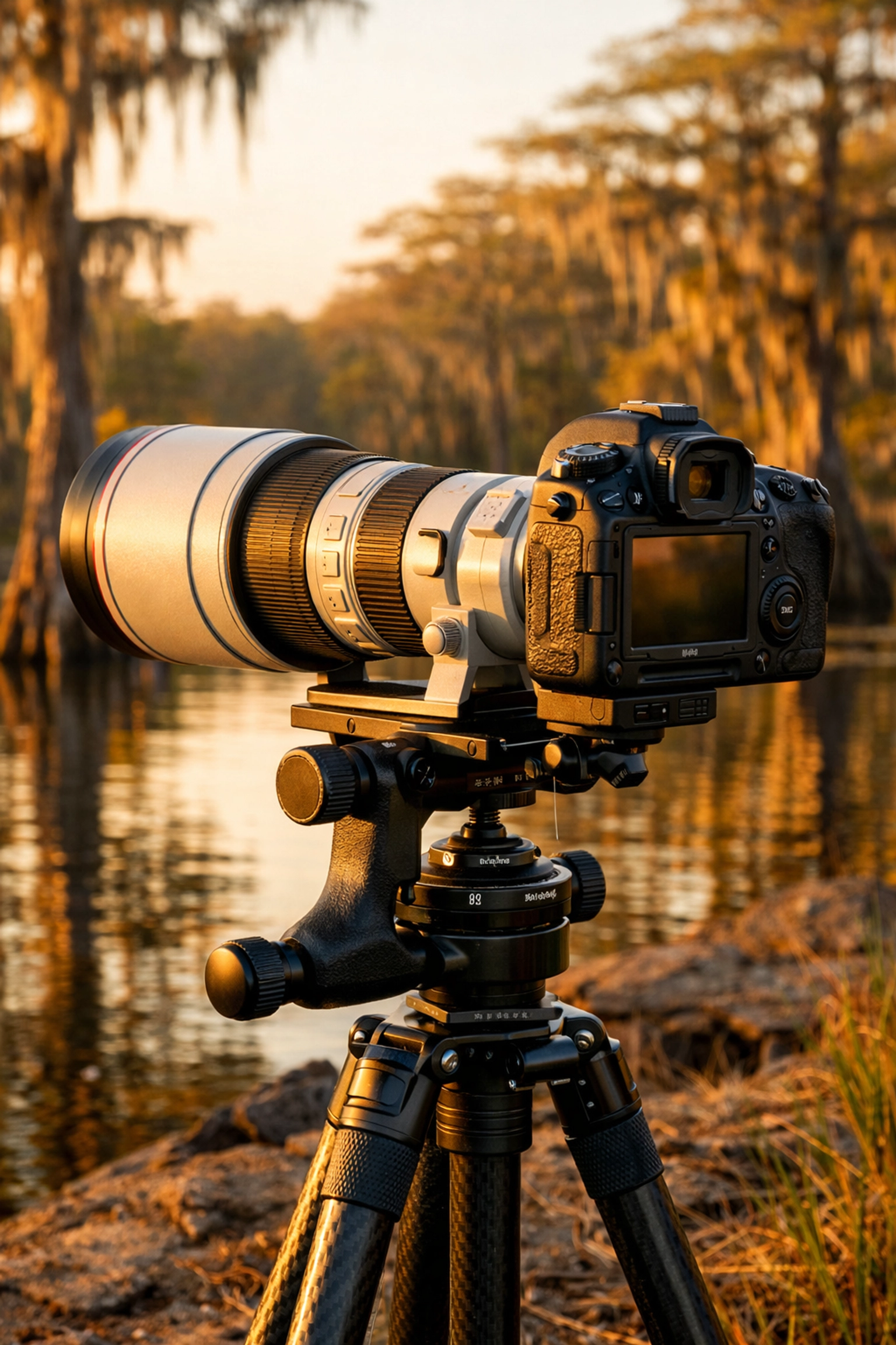 Professional camera and telephoto lens on a tripod in a Florida Everglades cypress slough.