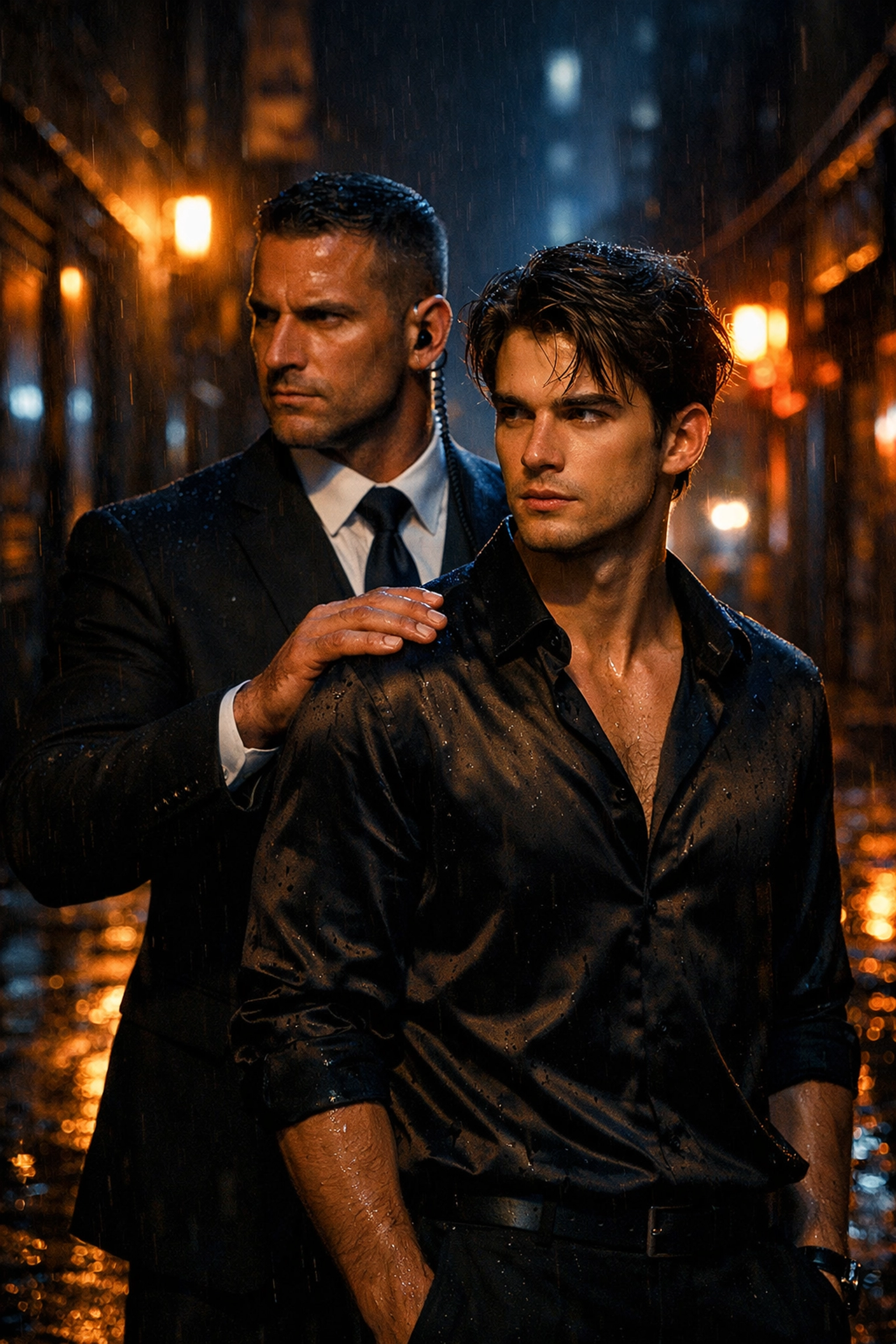 Protective bodyguard in a suit shielding his male client in a dark, neon-lit city alleyway.