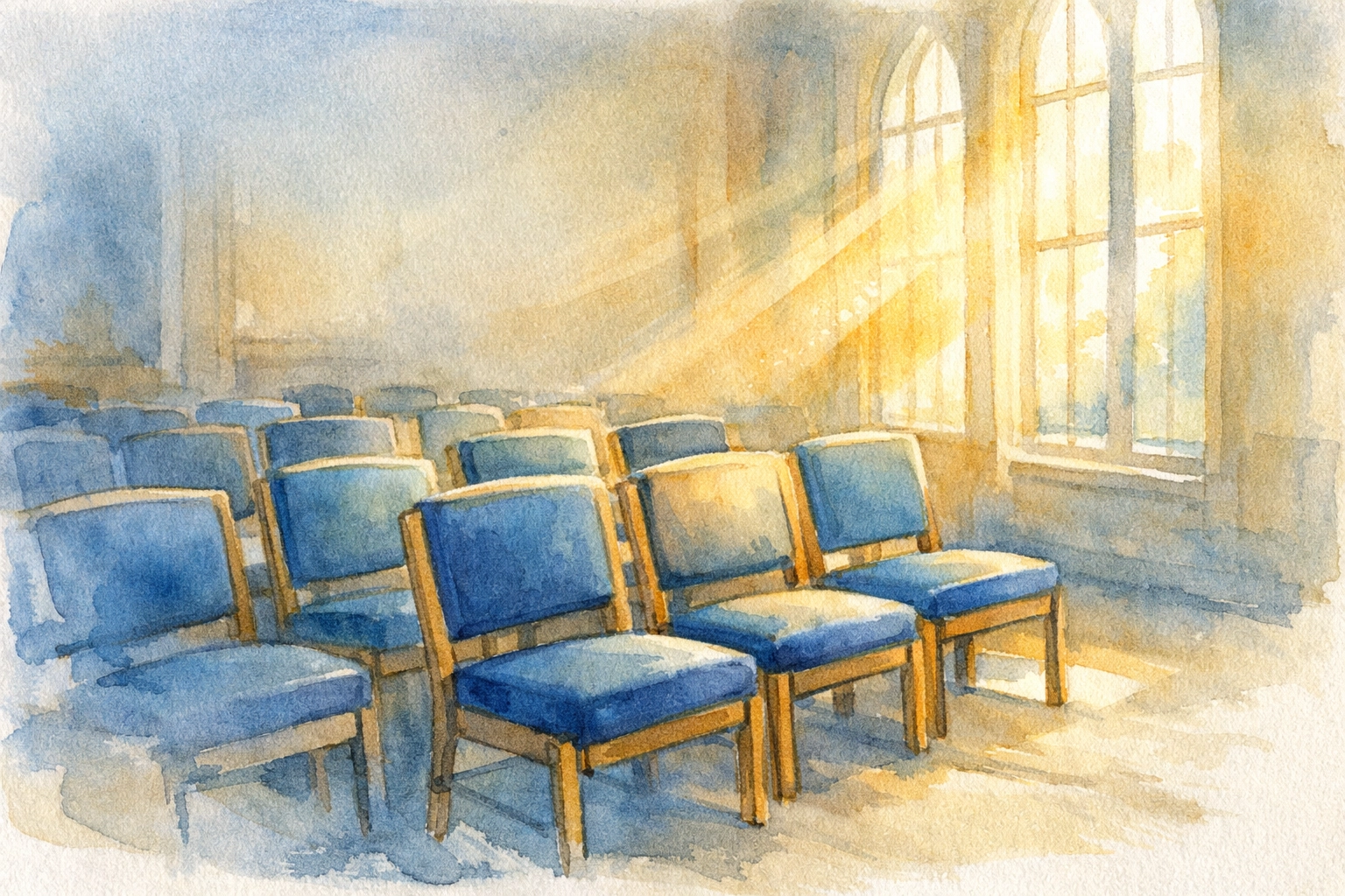 Empty church chairs in morning sunlight, representing quiet volunteer preparation before service