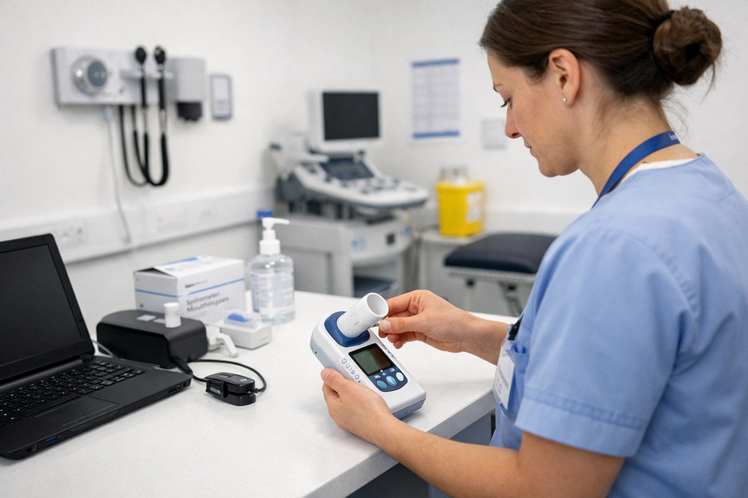 Clinician preparing a digital spirometer for objective testing in a modern UK respiratory diagnostic hub.