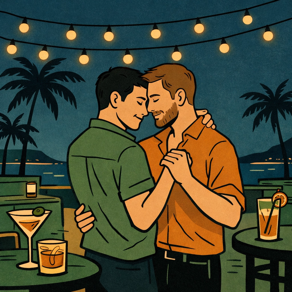 Gay couple dancing at outdoor bar in Cap d'Agde's LGBTQ nightlife district